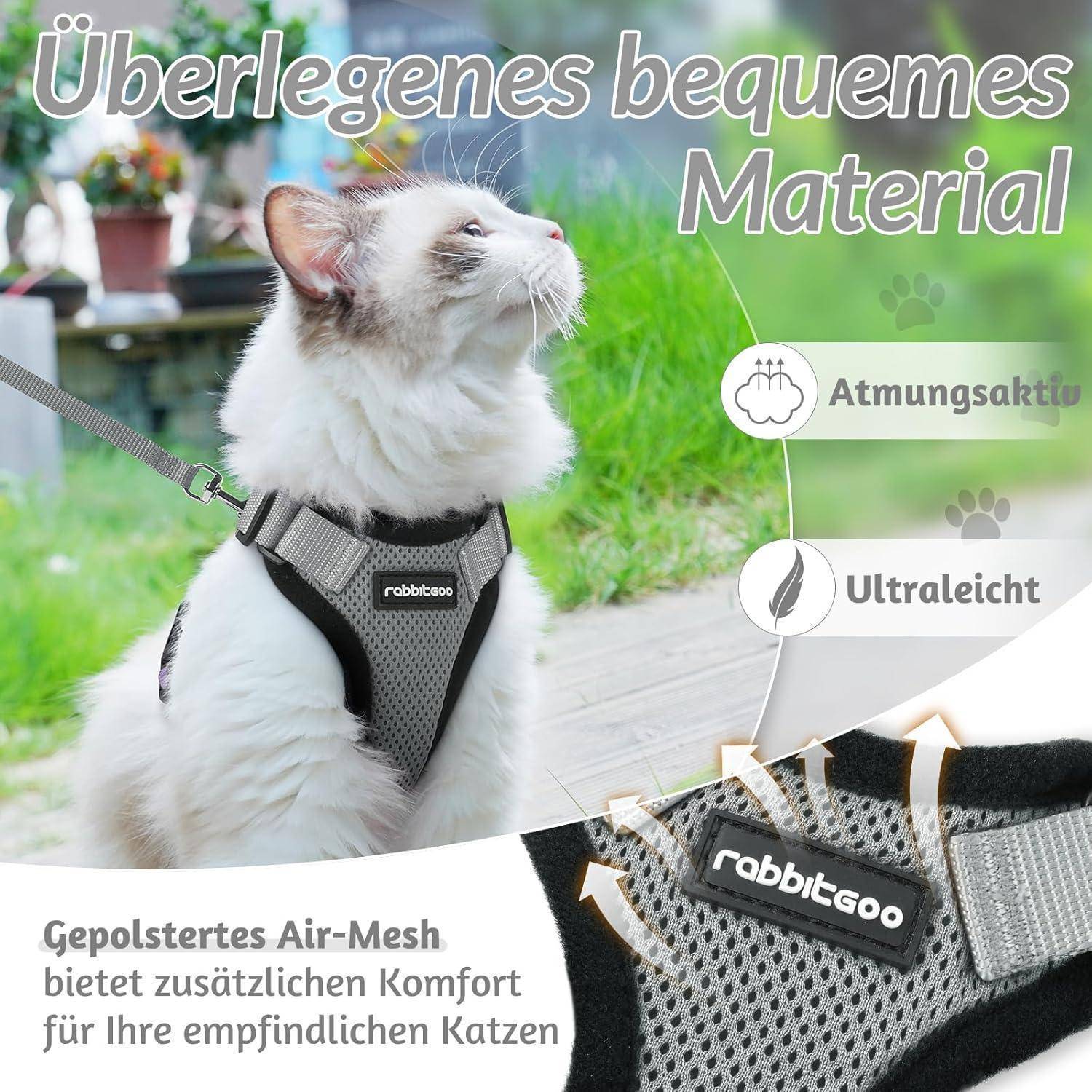 Eine weiße Katze trägt ein gepolstertes Geschirr mit der Aufschrift "rabbitgoo"" im Freien an der Leine. Der Text hebt Merkmale hervor: atmungsaktiv, leicht, erhöht den Tragekomfort.