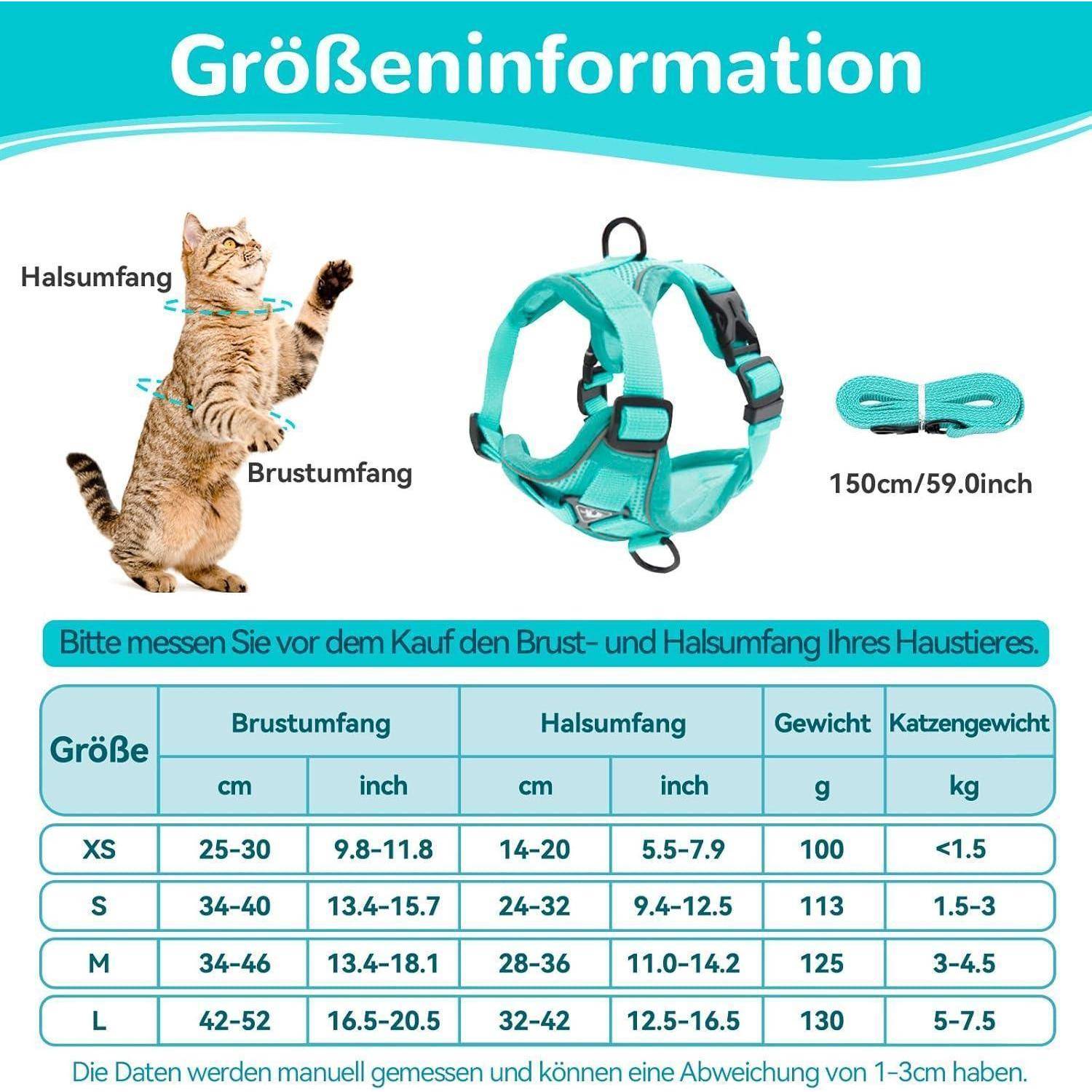 Größeninformation für Haustiermessungen zeigt Geschirr-Größen von XS bis L mit entsprechenden Brust-, Nacken-Umfängen, Gewicht und Katzengewicht. Enthält ein Bild einer Katze und eines Geschirrs.