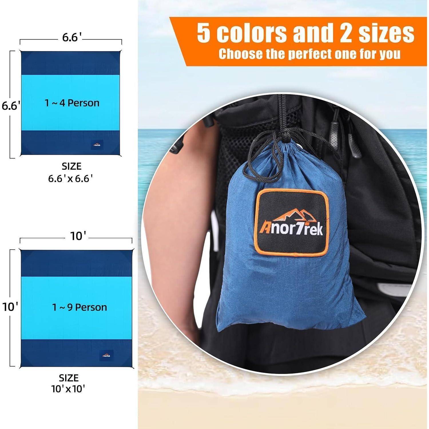 Eine blaue AnorTrek-Tasche wird in Gebrauch gezeigt. Der Text sagt '5 Farben und 2 Größen' und 'Wählen Sie die perfekte für Sie.' Größenoptionen: 6,6' oder 10'.