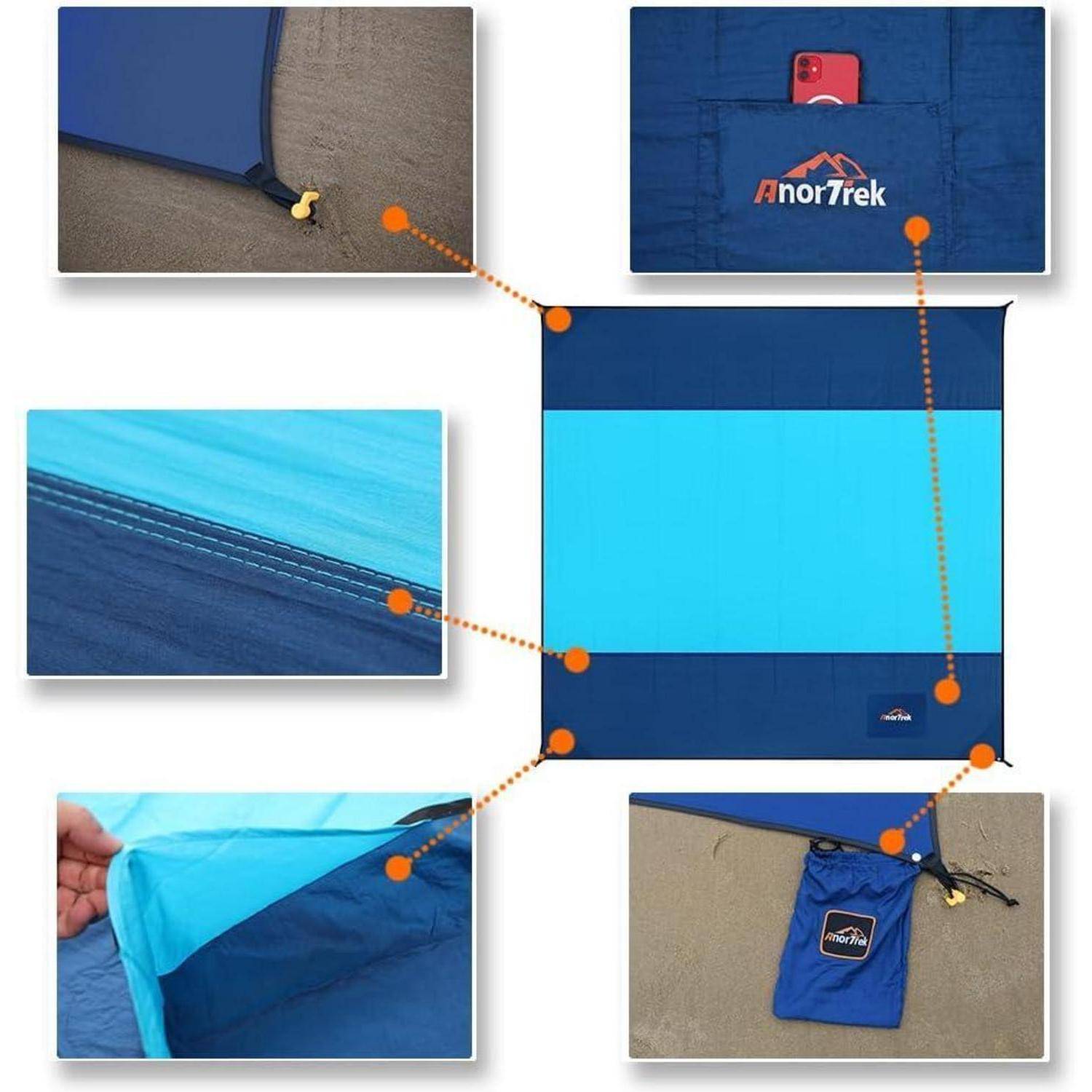 AnorTrek' Stranddecke: zentrale blaue Designelemente, mitgelieferte Heringe, Tasche in der Ecke für Smartphone, kompakt zusammenfaltbar, in kleiner Tragetasche.