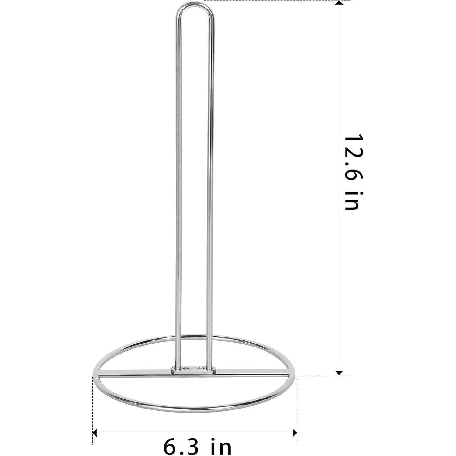 Ein Papierhandtuchhalter aus Metall mit beschrifteten Abmessungen: Höhe 12,6 Zoll, Basisdurchmesser 6,3 Zoll.