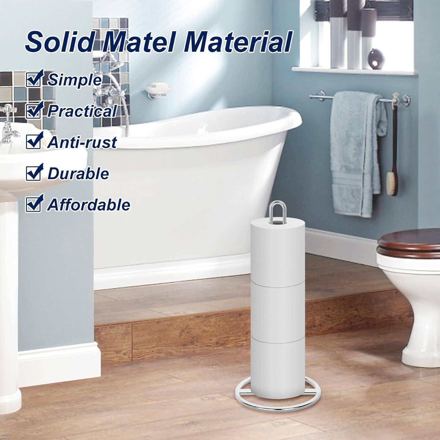 Badezimmer mit freistehender weißer Badewanne, Handtuchhaltern und einer modernen Toilette. Der Text hebt die Vorteile des massiven Metallmaterials hervor: einfach, rostfrei und langlebig.
