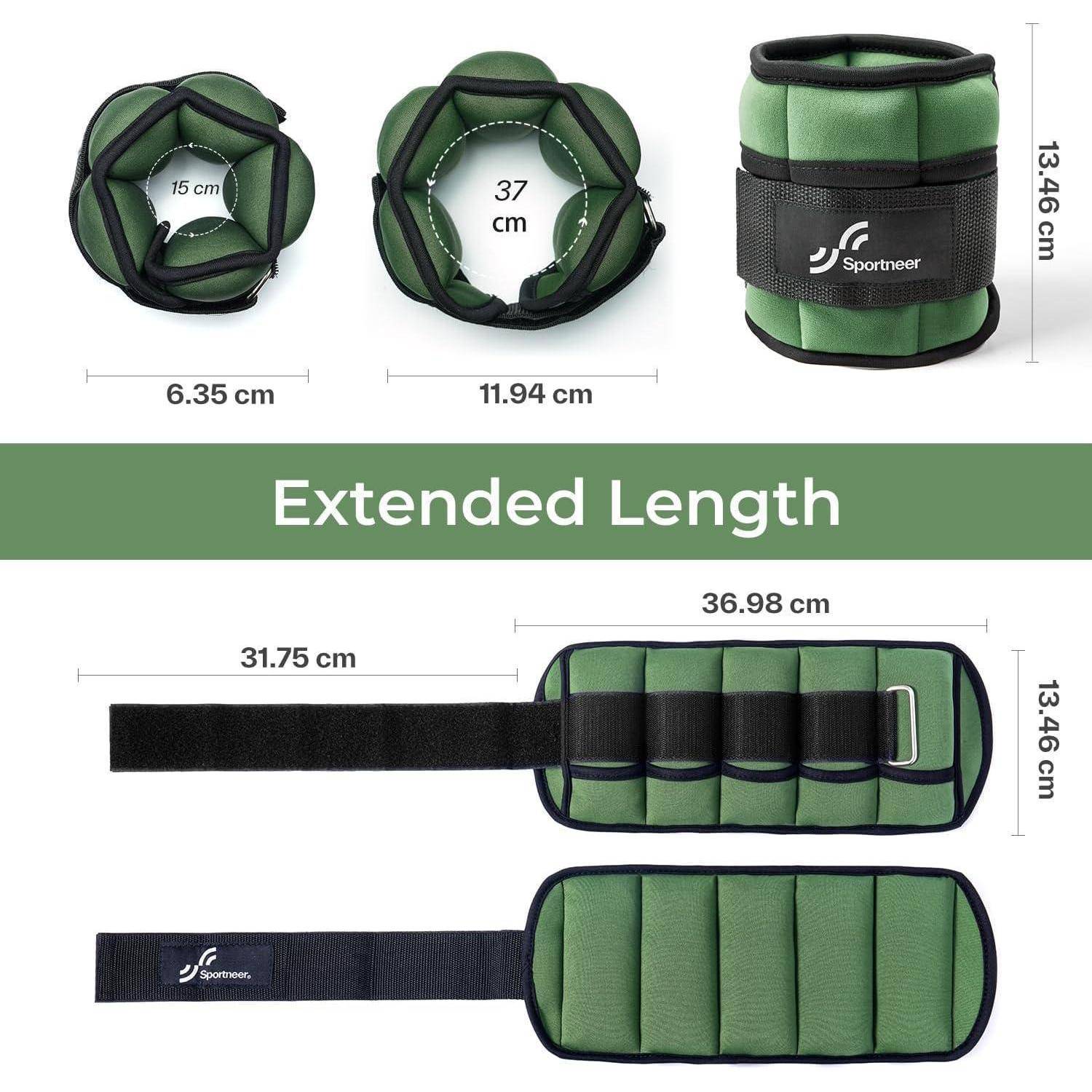 Grüne verstellbare Knöchelgewichte, die die ausgestreckte Länge von 37 cm, gefaltete Optionen und beschriftete Maße von 6,35 cm, 11,94 cm, 31,75 cm, 36,98 cm, 13,46 cm zeigen. Marke: Sportneer.