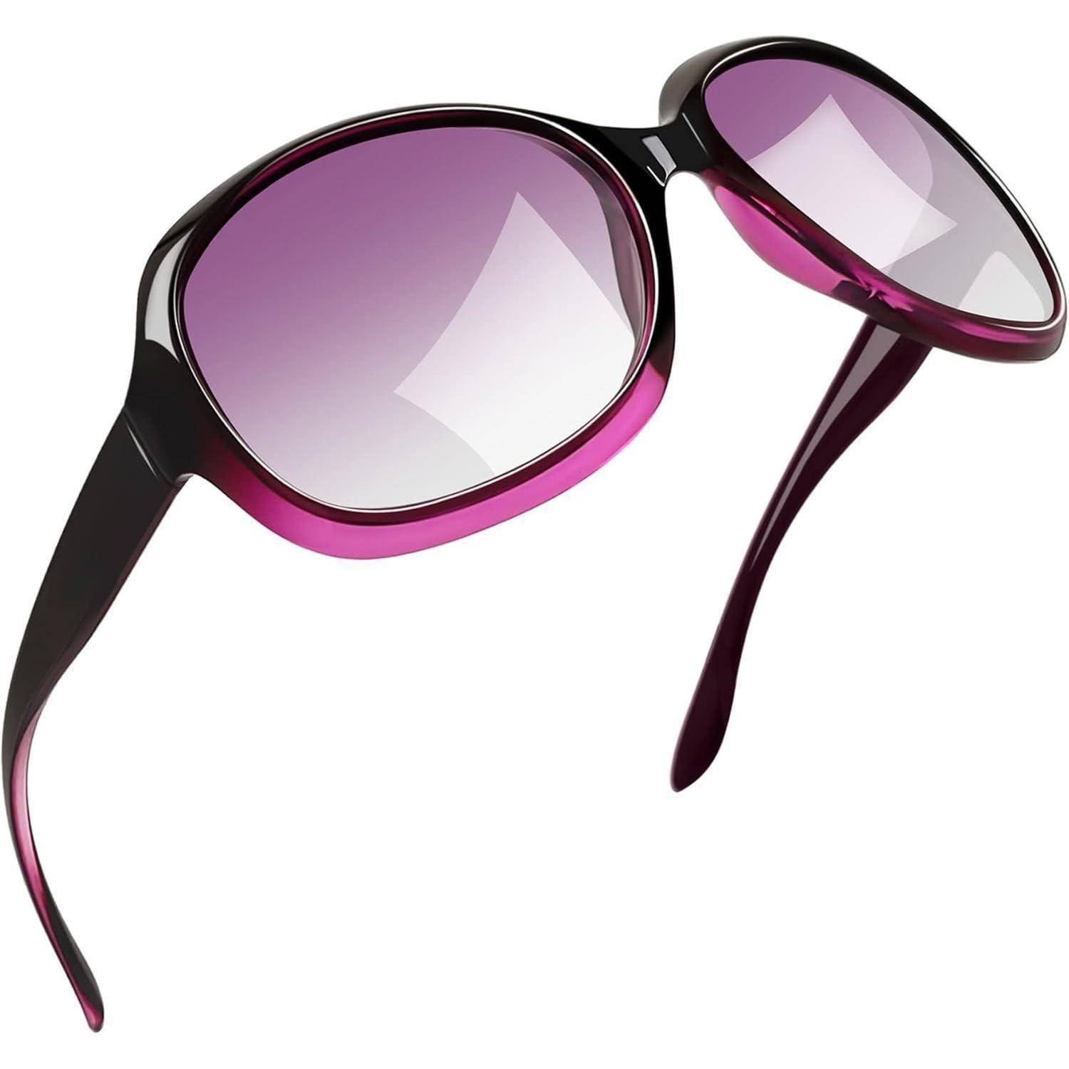 Stilvolle Sonnenbrille mit schwarzen Rahmen und violett getönten Gläsern, die ein glattes Design und leicht geschwungene Bügel aufweisen.