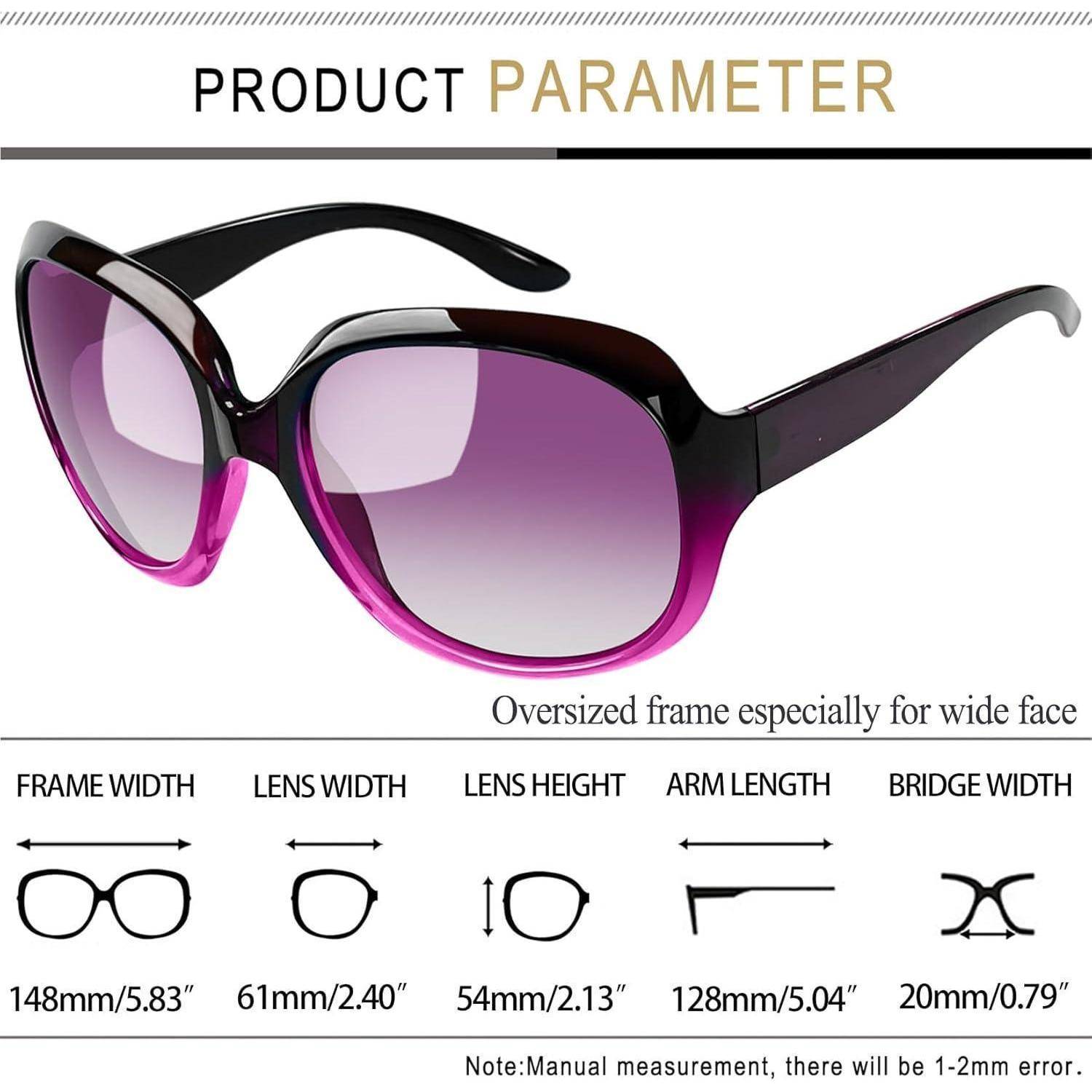 Produktparameter für übergroße Sonnenbrille. Rahmen: 148 mm, Linsenbreite: 61 mm, Linsenhöhe: 54 mm, Bügel: 128 mm, Nasensteg: 20 mm. Geeignet für breitere Gesichter.