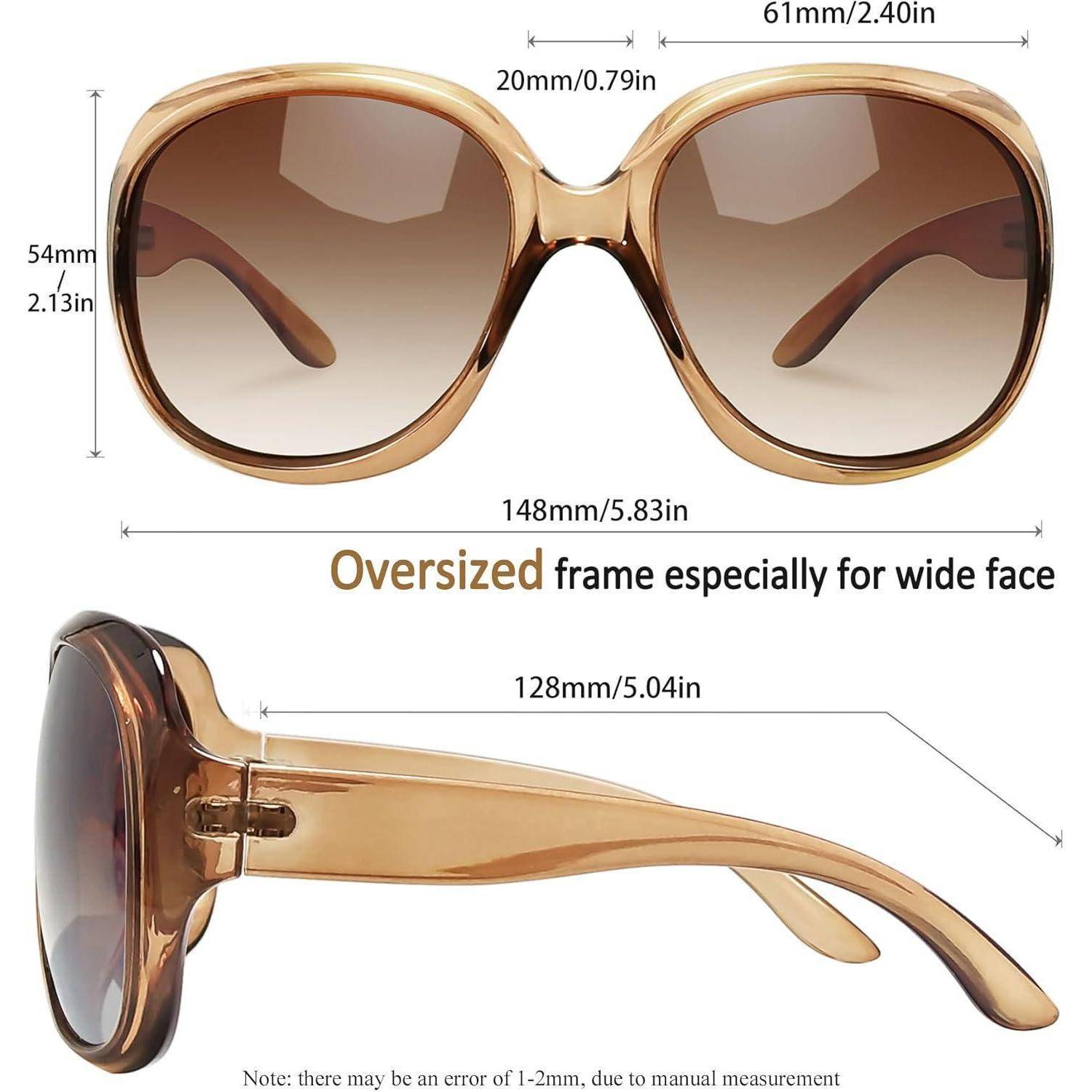 Übergroße Sonnenbrille mit braunen Gläsern, geeignet für breite Gesichter. Inklusive Maße: Rahmenbreite 148 mm, Glasbreite 61 mm, Bügellänge 128 mm.