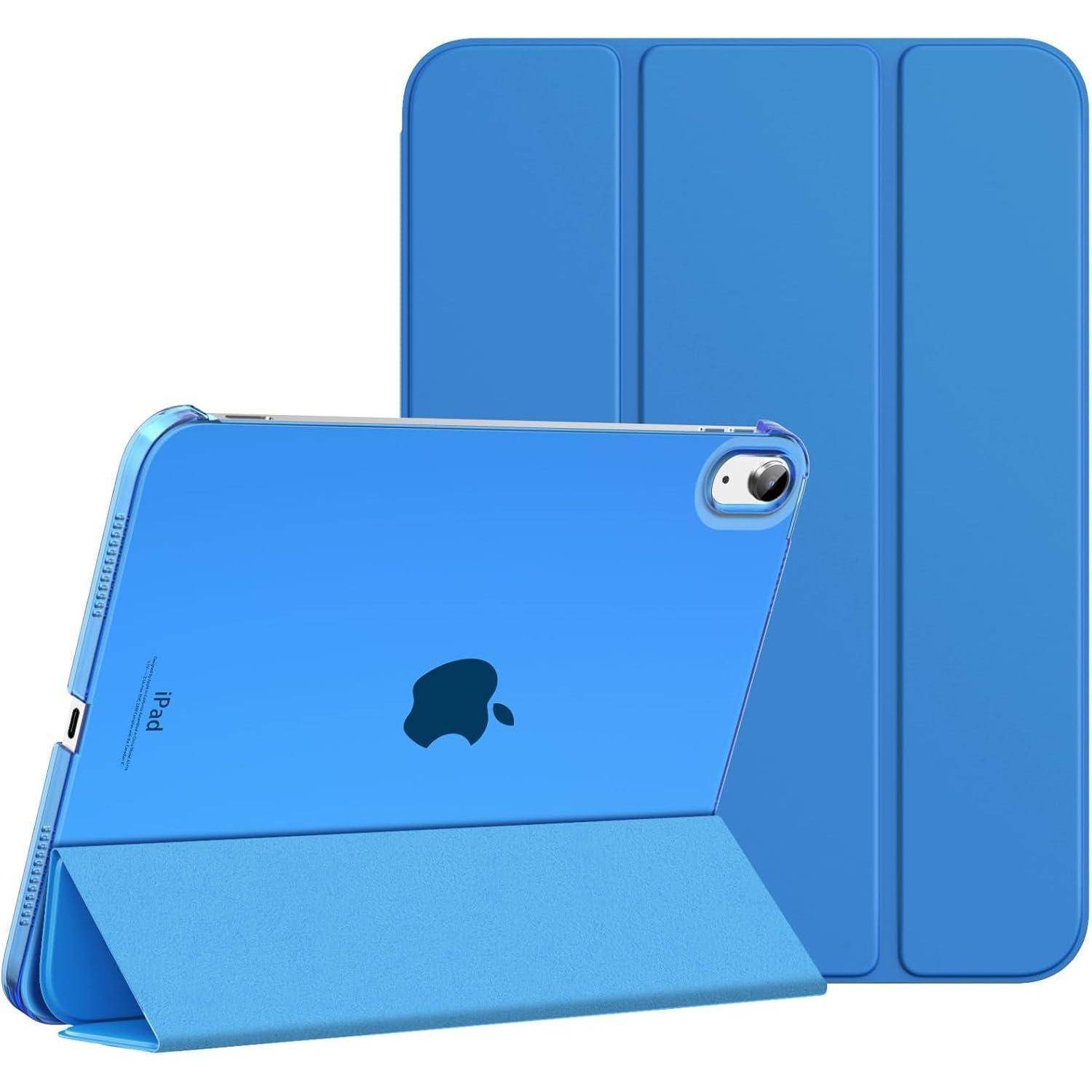 Blau-farbenes iPad mit einer passenden blauen Schutzhülle, in geöffneter und geschlossener Position gezeigt, wobei sein elegantes Design und die Schutzverkleidung hervorgehoben werden.
