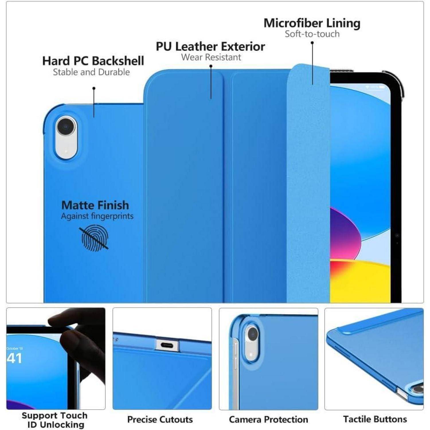 Blaue Handyhülle mit einem harten PC-Rücken, matter Oberfläche, PU-Lederaußenseite und Mikrofaserfutter. Merkmale umfassen KameraSchutz, präzise Ausschnitte und taktile Knöpfe.