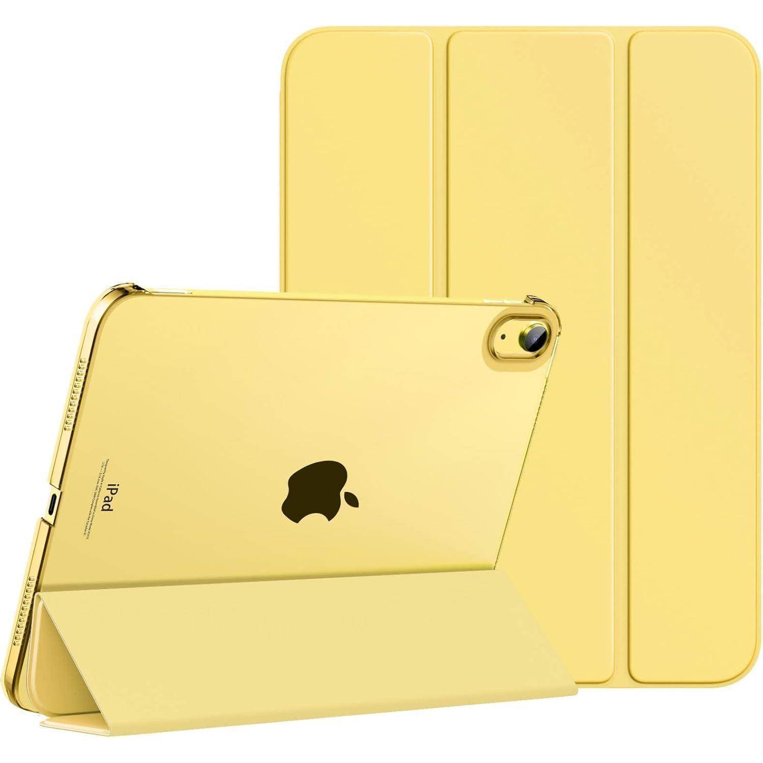 Gelbes iPad mit passendem Zubehör, das in aufrechter Position und geschlossener Ansicht gezeigt wird, wobei das elegante Design und die rückseitige Kamerafunktion hervorgehoben werden.
