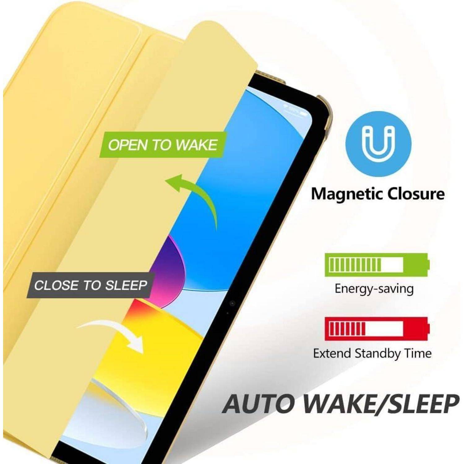 iPad-Hülle mit magnetischem Verschluss, die die Auto-Wake/Sleep-Funktion zur Energieeinsparung und Verlängerung der Standby-Zeit demonstriert.