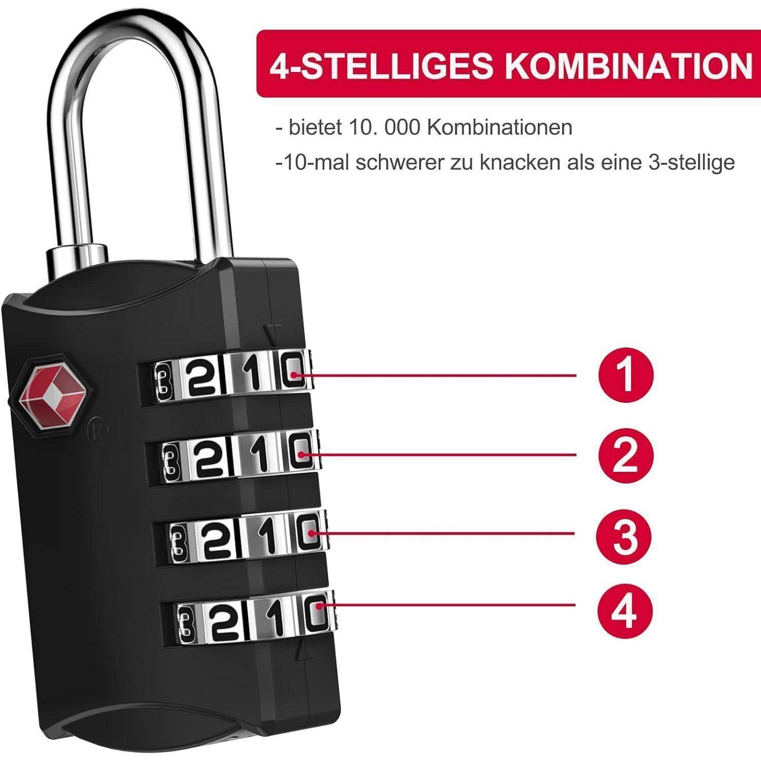 Ein schwarzes Kombinationsschloss mit vier Wahlscheiben und Ziffern. Text lautet: '4-stellige Kombination, bietet 10.000 Kombinationen, 10-mal schwerer zu knacken als ein 3-stelliges'.