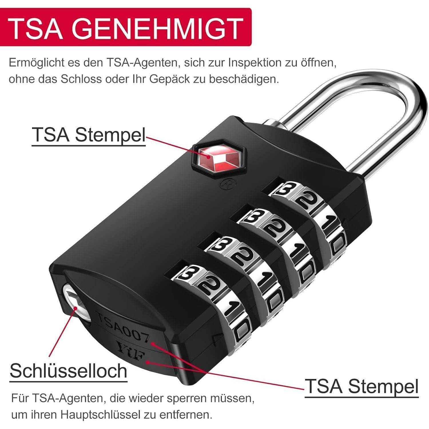 Ein schwarzes Vorhängeschloss mit vier Zifferblättern, mit dem Vermerk 'TSA genehmigt' zur Freigabe, mit TSA-Stempel und Schlüsselloch versehen. Anleitung auf Deutsch oberhalb des Schlosses.