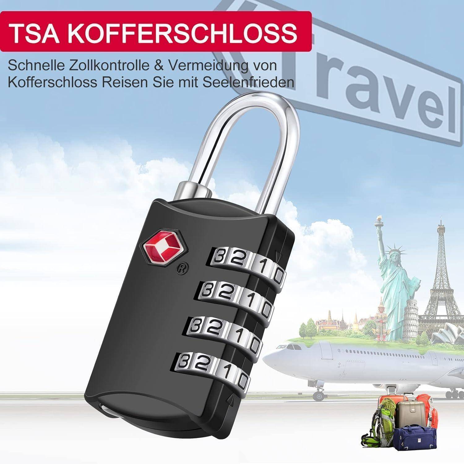 TSA Kofferschloss' abgebildet mit Flugzeug, Freiheitsstatue und Gepäck. Text: 'Schnelle Zollkontrolle & Vermeidung von Kofferschloss. Reisen Sie mit Seelenfrieden.