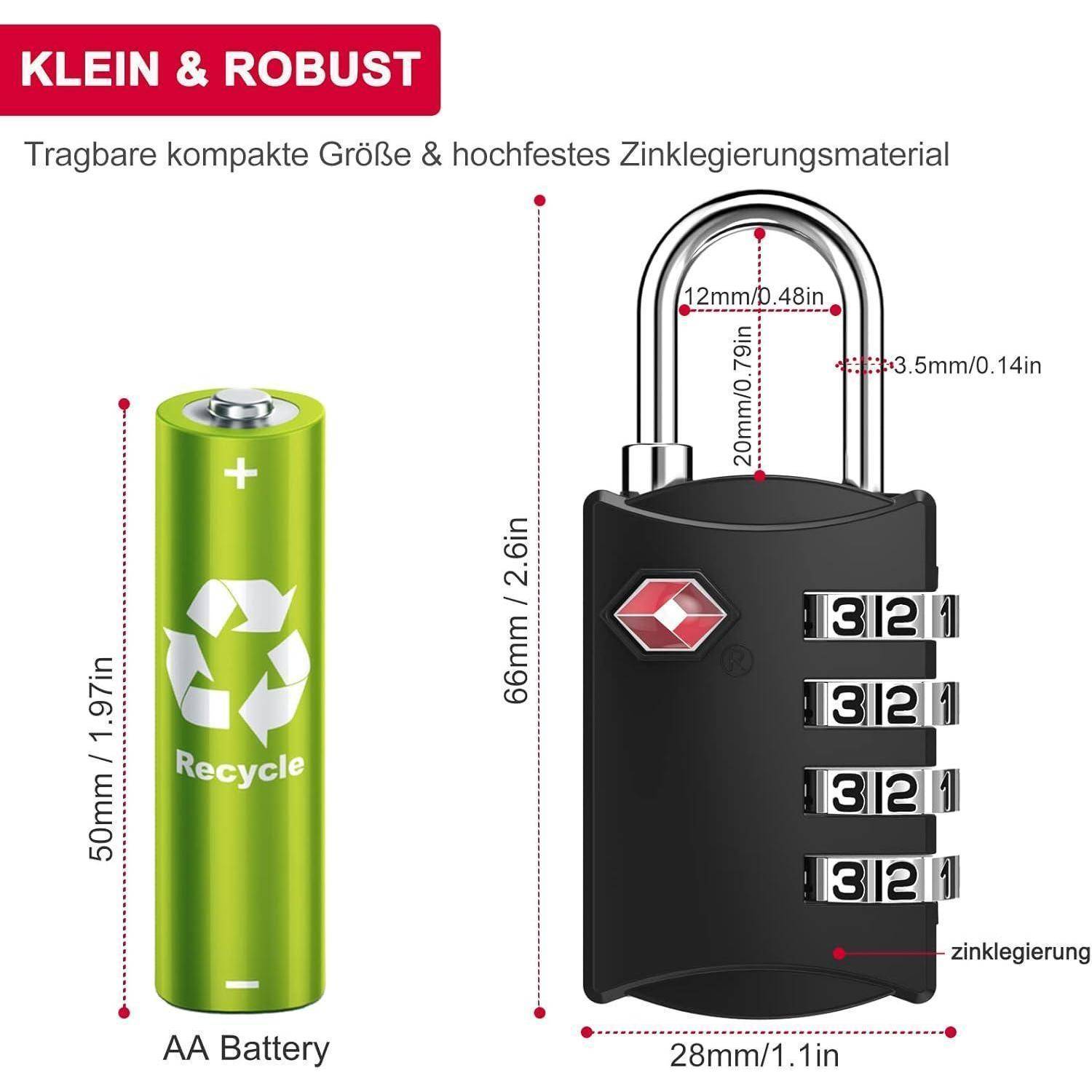Vorhängeschloss und AA-Batterie im Größenvergleich. Vorhängeschloss misst 66 mm x 28 mm, kompakt aus Zinklegierung. Batterie ist 50 mm hoch. Deutscher Text lautet: 'Klein & Robust'.