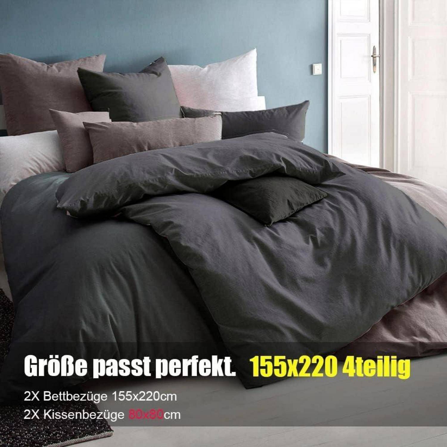 Bettwäsche 155x220 4teilig Mikrofaser 4 tlg. 155 x 220 cm 01 Anthrazit