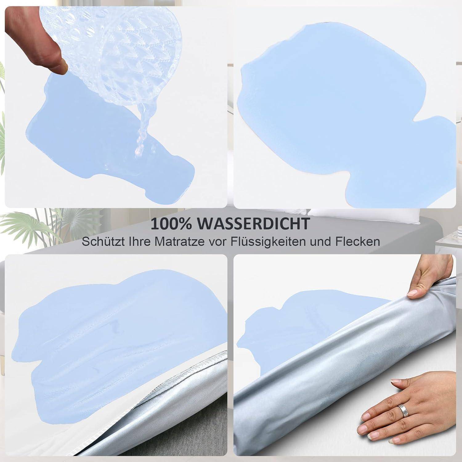Wasserdichter Matratzenschutz Demonstration: Oberes Bild zeigt Wasser, das auf der Oberfläche verbleibt. Unteres Bild zeigt, wie der Schutz auf eine Matratze gezogen wird. Text lautet '100% Wasserdicht, Schützt Ihre Matratze vor Flüssigkeiten und Flecken'.