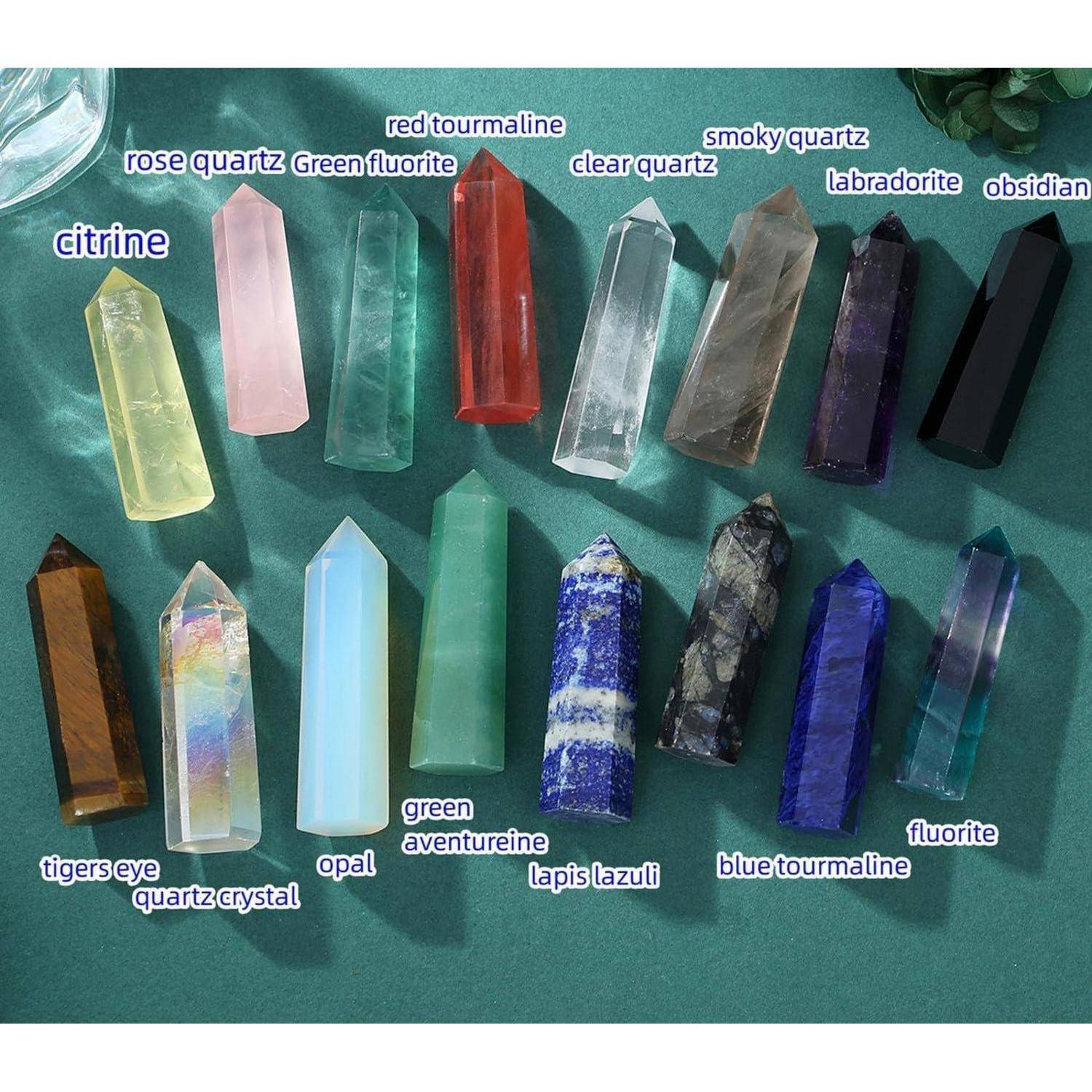 Eine Vielfalt von Kristallspitzen, die auf einer Oberfläche ausgelegt sind, jede mit ihrem Typ beschriftet, darunter ‚Citrin', ‚Rosenquarz' und ‚Lapislazuli'.