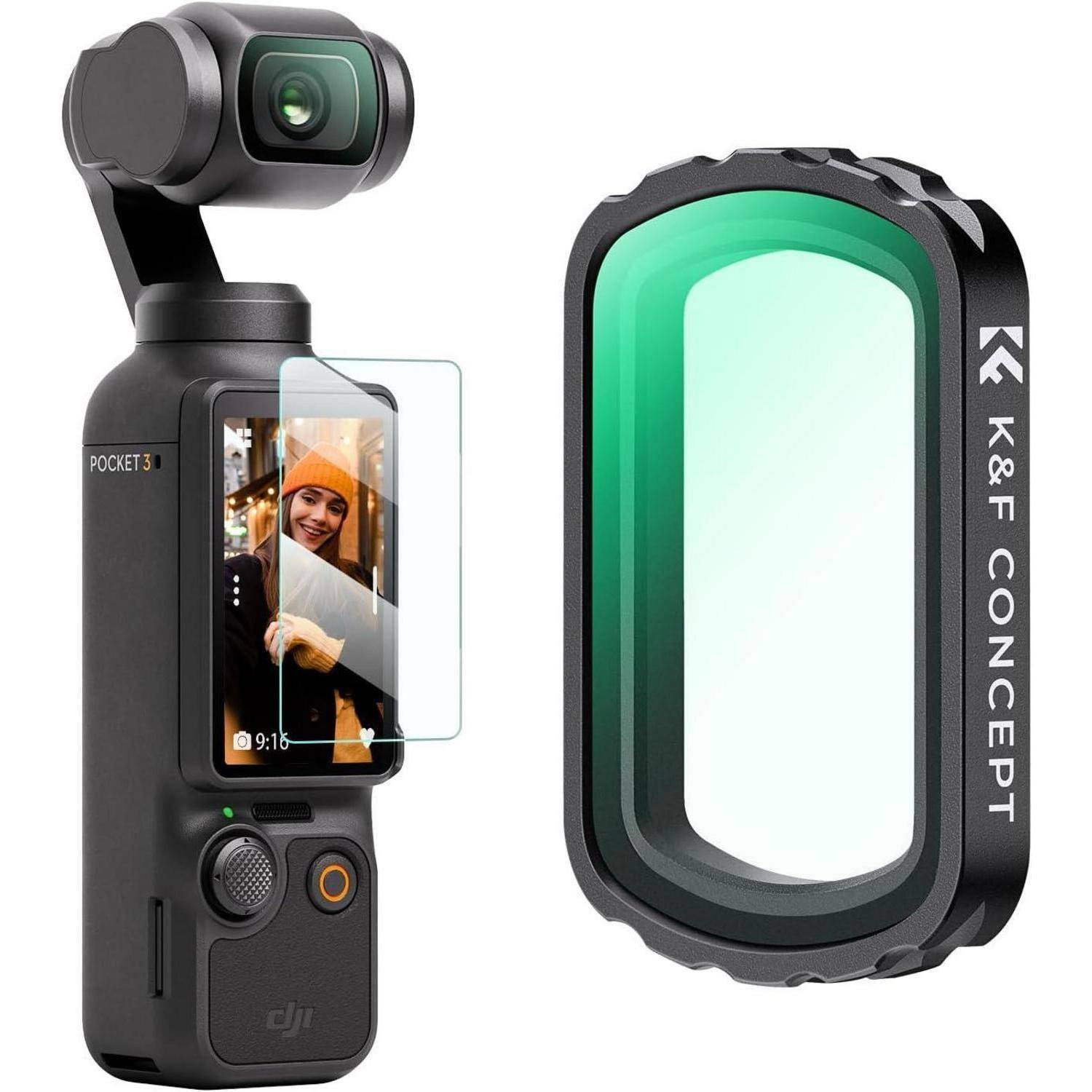 Kamera-Gimbal mit einem Bildschirm, der eine Frau zeigt, und einer separaten Objektivabdeckung mit der Bezeichnung 