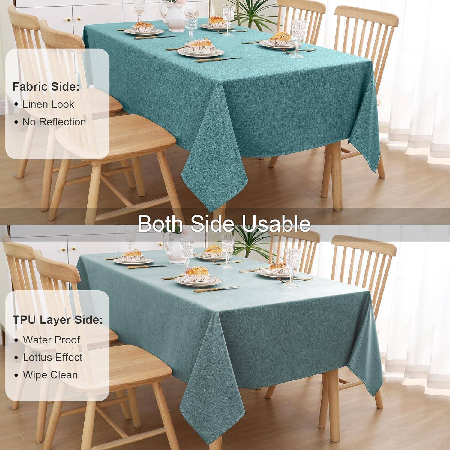 Gedeckter Tisch mit einer blauen Tischdecke, die beidseitig nutzbar ist; Oberseite: Stoffoptik, Unterseite: TPU-Schicht wasserdicht und leicht zu reinigen.