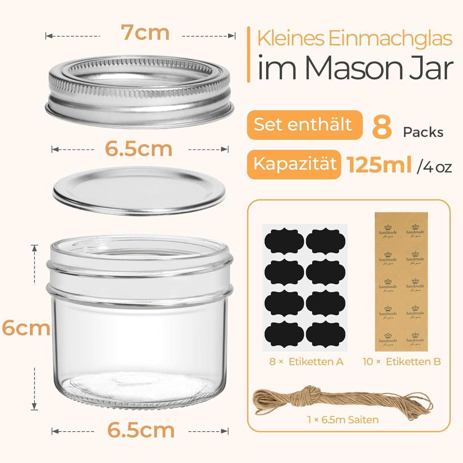 Einmachgläser 125ml 8er Schraubdeckel Mason Jar 4oz 120ml 8pcs