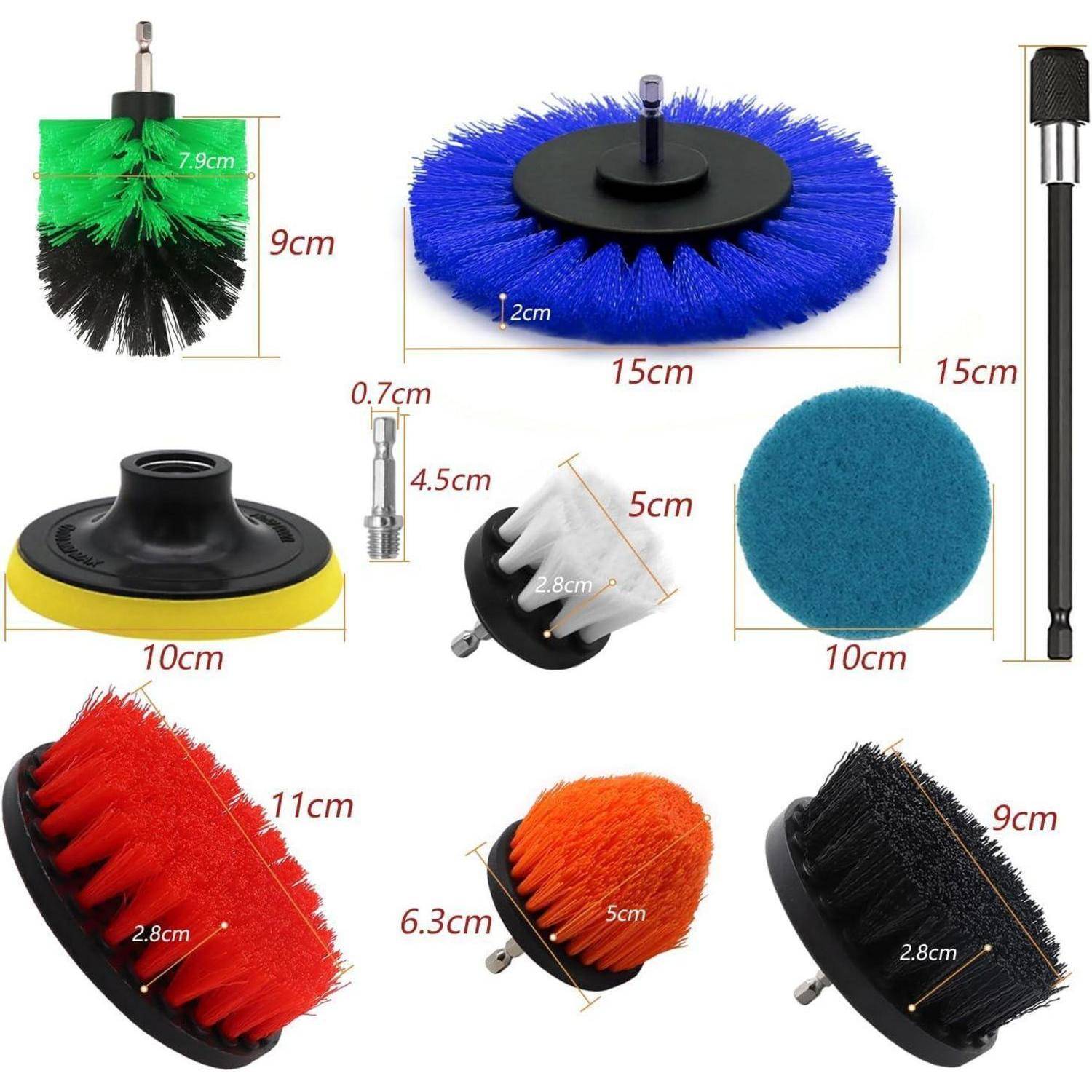 Vielseitiges Reinigungsbürsten-Set mit verschiedenen Formen und Größen. Enthält Verlängerungsstange und Scheuerschwamm, ideal für vielseitige Reinigungsaufgaben.