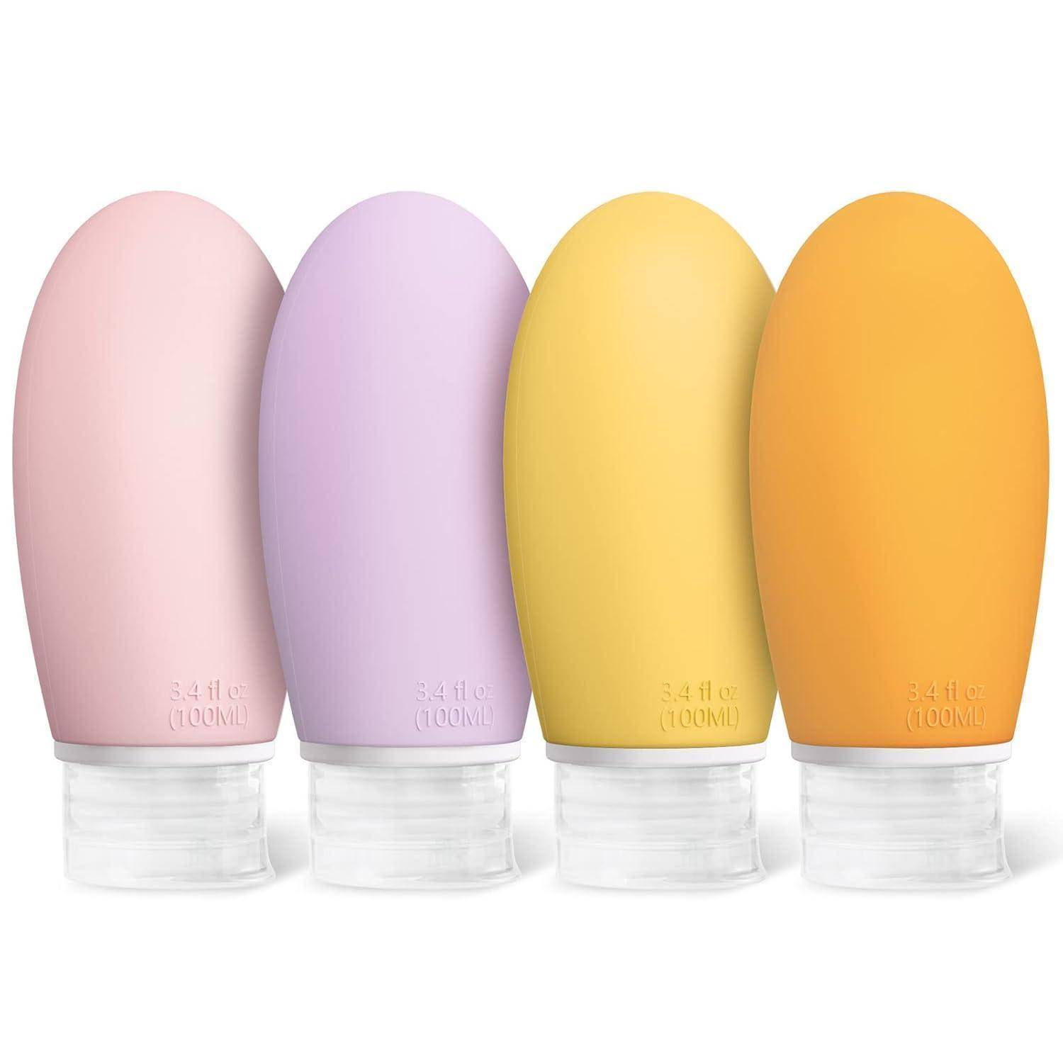 Reiseflaschen Silikon 100ml 4er Auslaufsicher gelb Orange Rosa Lila