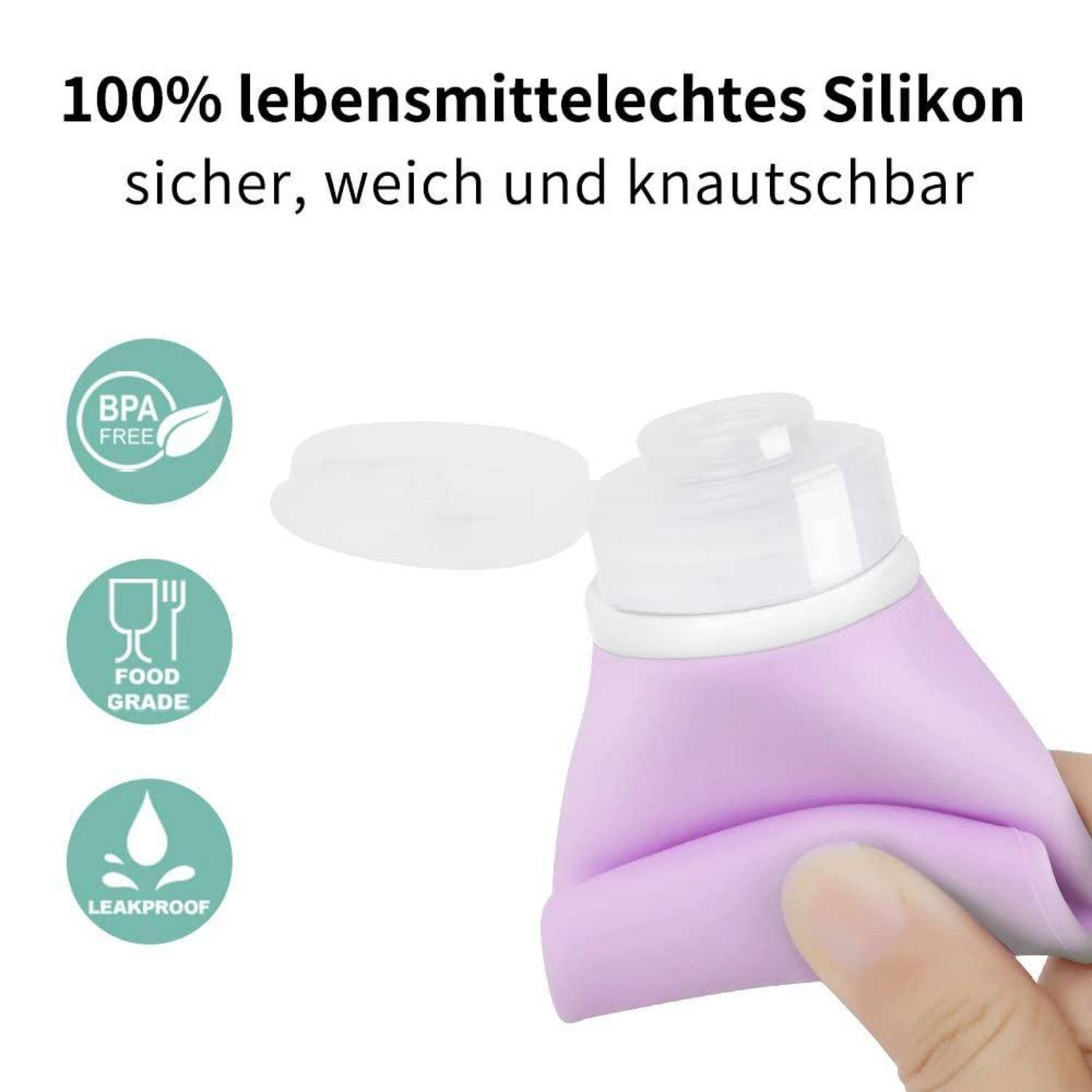 Reiseflaschen Silikon 100ml 4er Auslaufsicher gelb Orange Rosa Lila