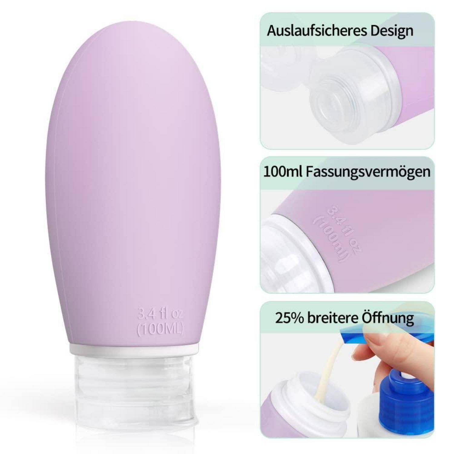 Reiseflaschen Silikon 100ml 4er Auslaufsicher gelb Orange Rosa Lila