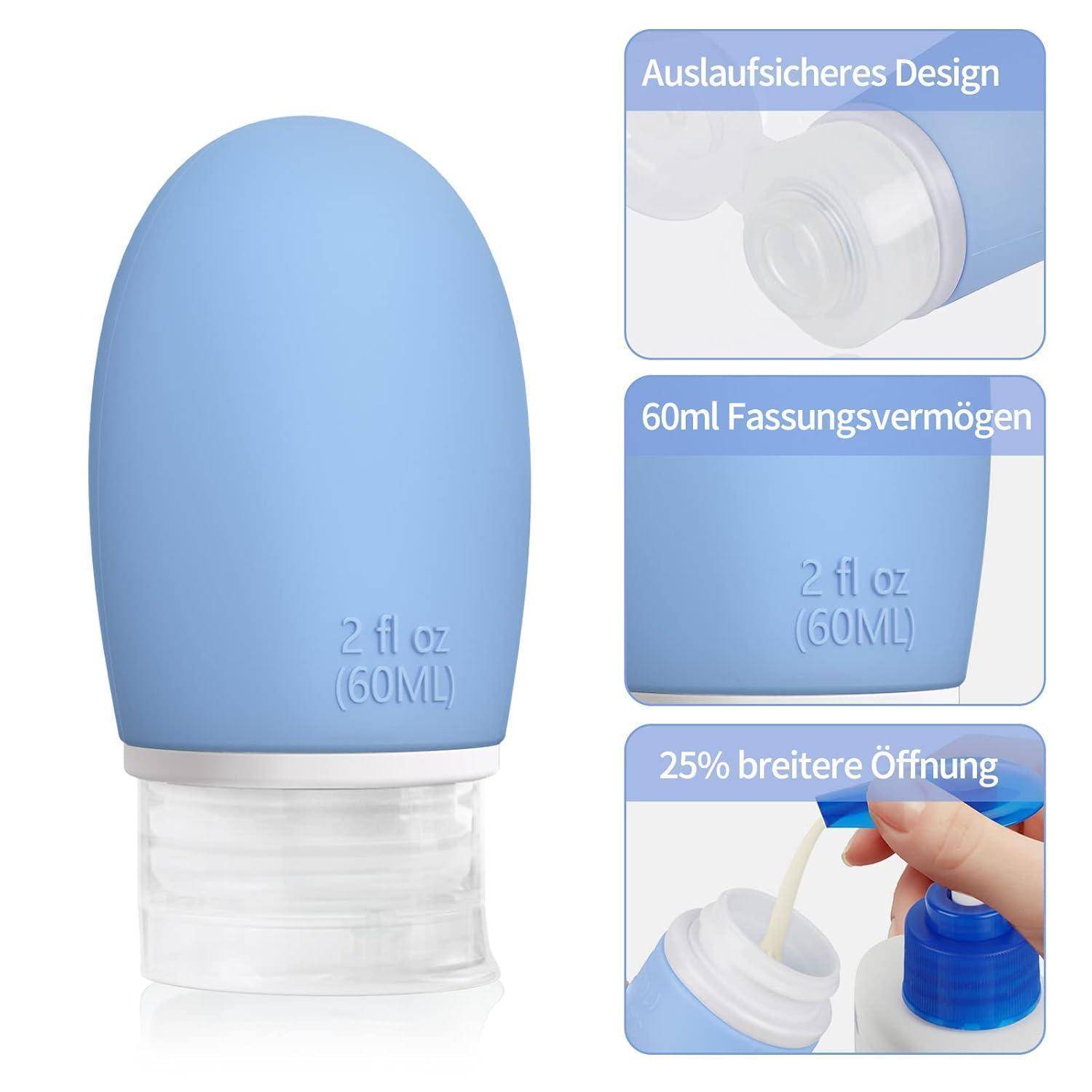 Reiseflaschen Silikon 60ml Auslaufsicher BPAfrei 3 Stück Blaue Serie