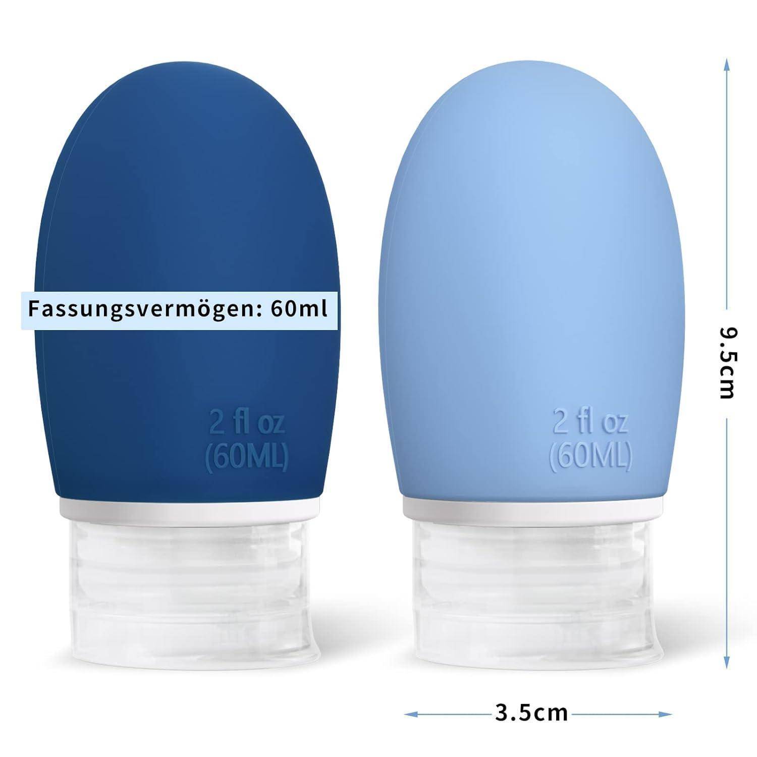 Reiseflaschen Silikon 60ml Auslaufsicher BPAfrei 3 Stück Blaue Serie