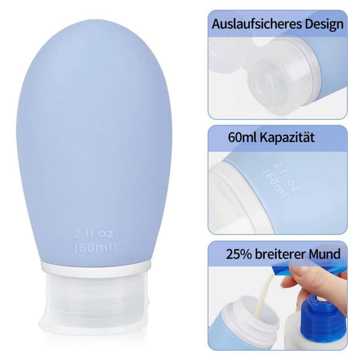 Eine blaue, 60ml auslaufsichere Reiseflasche mit weiter Öffnung, die zum einfachen Befüllen entwickelt wurde, im Detail mit einem sicheren Verschluss dargestellt.