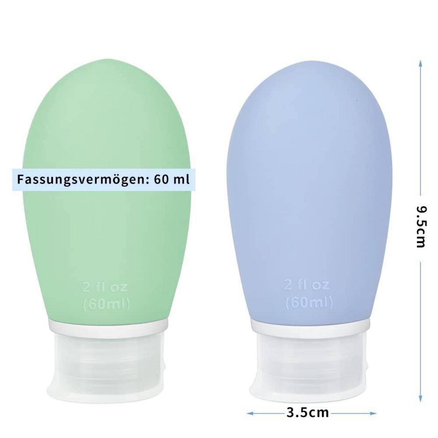 Zwei Silikon-Reiseflaschen, eine grün und eine blau, jeweils 60 ml Fassungsvermögen, mit Maßen von 9,5 cm Höhe und 3,5 cm Breite.