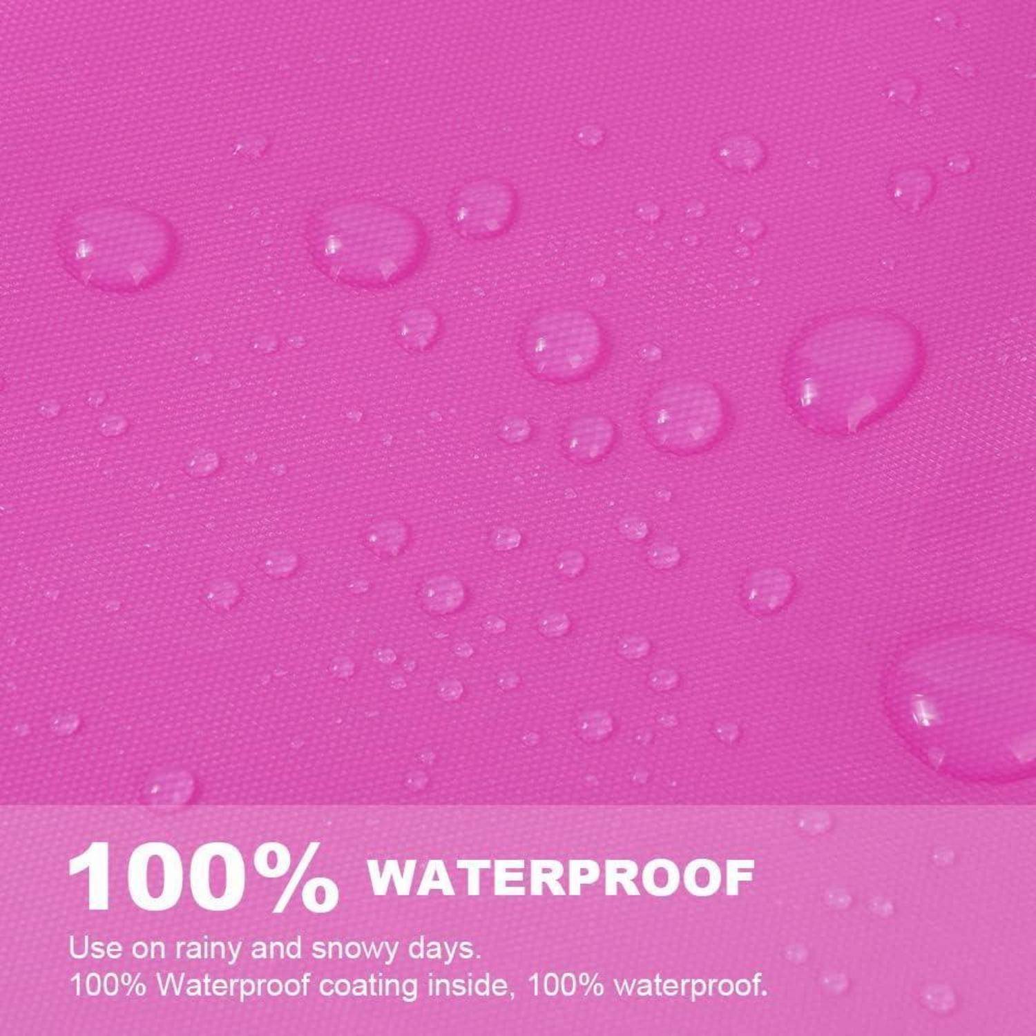 Rosa Oberfläche mit Wassertropfen, die '100% wasserdicht' veranschaulichen. Text lautet: '100% wasserdichte Beschichtung innen, 100% wasserdicht' und vermittelt Wasserresistenz.