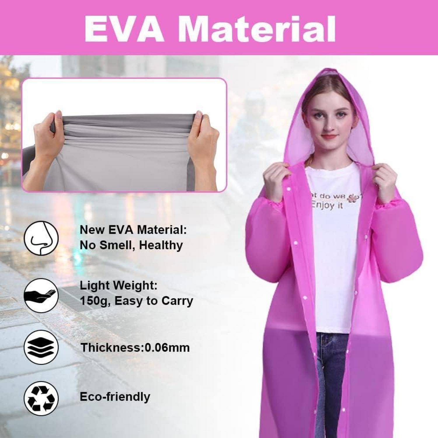 Eine Person trägt einen rosa Regenmantel neben Text und Symbolen, die Merkmale beschreiben: 'Neues EVA-Material, Geruchlos, Gesund, 150g, Leicht zu tragen, Dicke: 0,06mm.