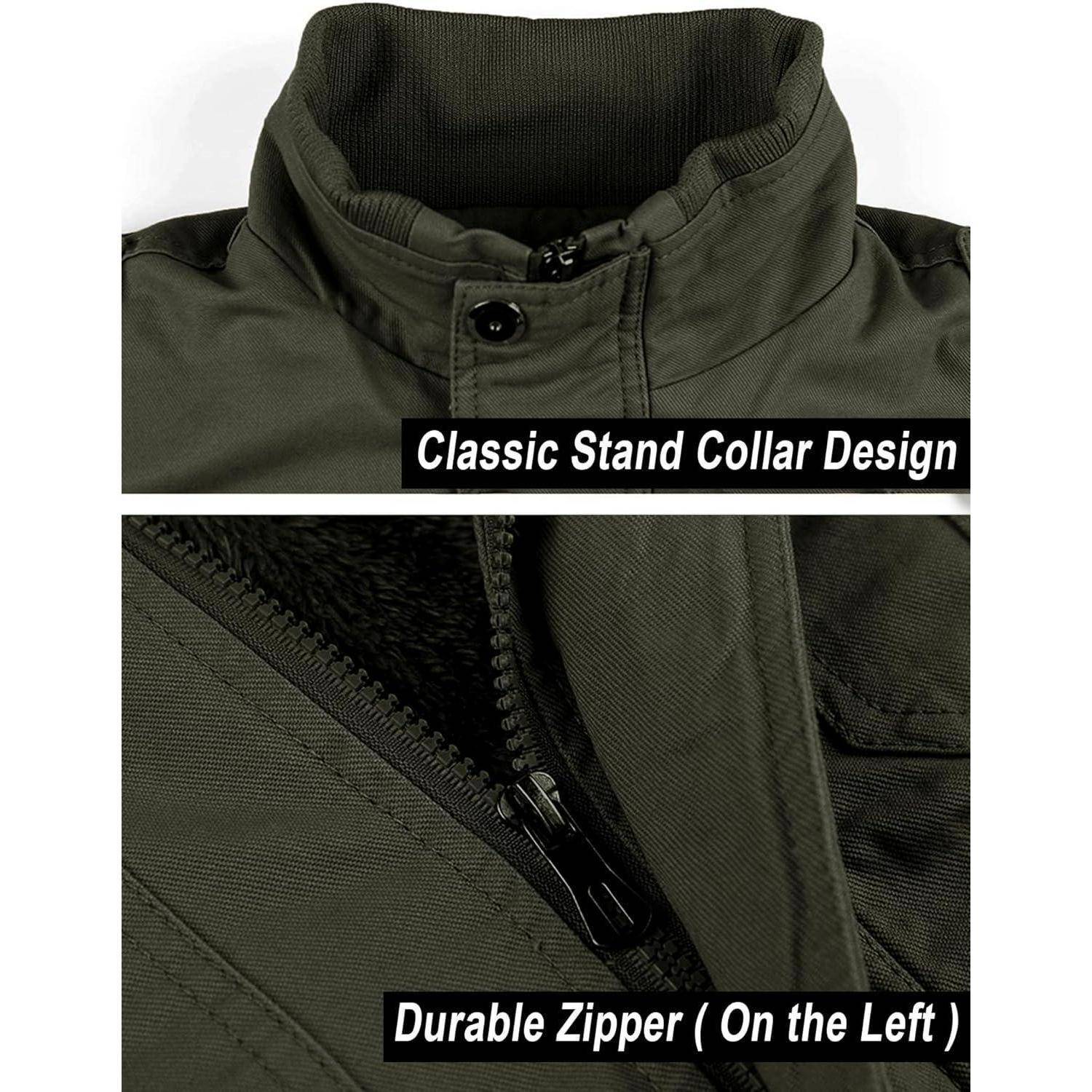 Das Bild zeigt eine Jacke mit einem klassischen Stehkragen-Design und einem robusten Reißverschluss an der linken Seite.