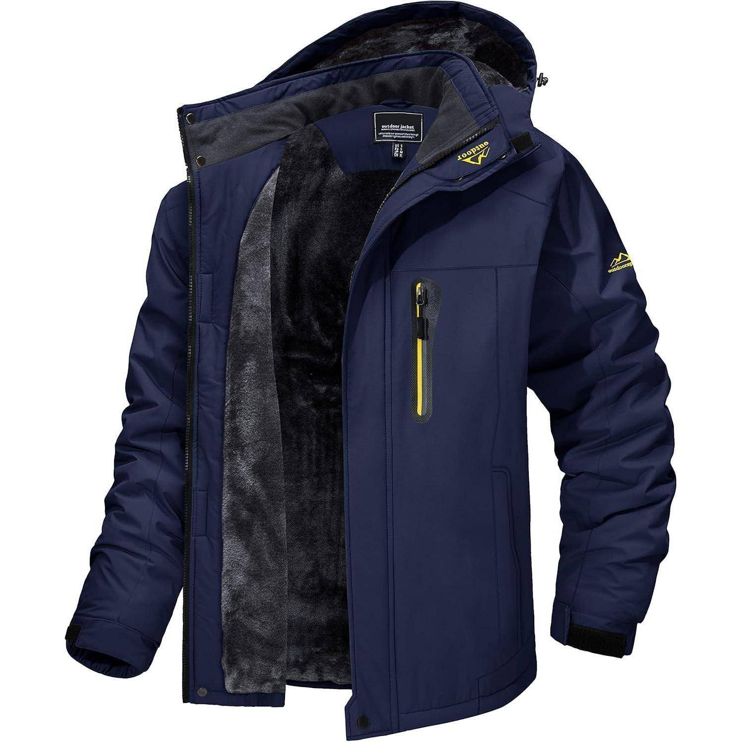 Eine marineblau-farbene Winterjacke mit einem plüschigen grauen Futter und mehreren Taschen. Sie verfügt über eine Kapuze und einen Reißverschluss vorne, entwickelt für maximale Wärme.