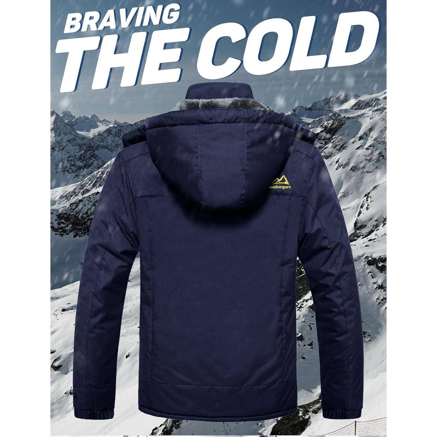 Rückansicht einer marineblauen Winterjacke mit Kapuze vor einer verschneiten Bergkulisse. Text lautet 'Der Kälte trotzen'.