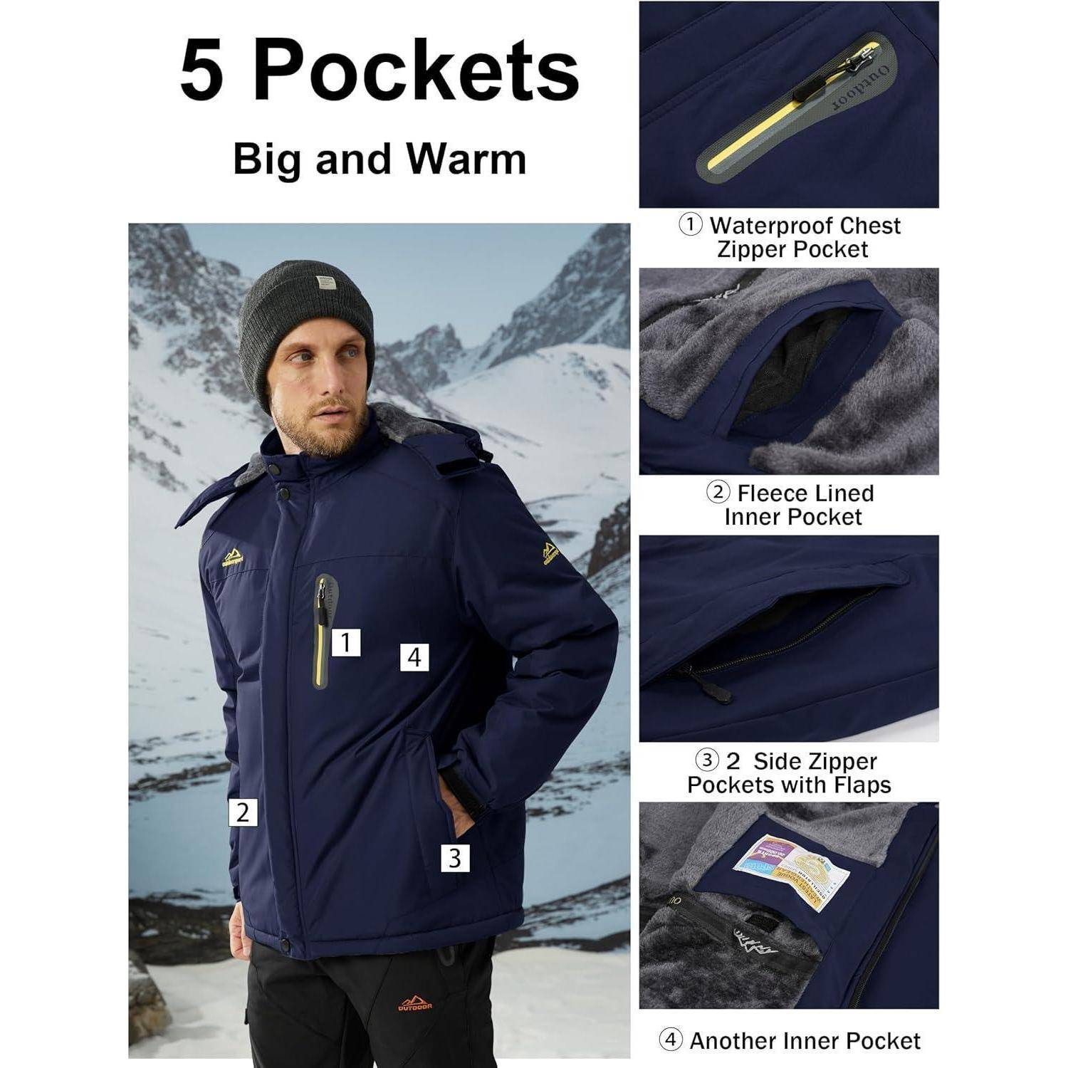 Mann trägt eine marineblaue Jacke mit der Aufschrift '5 Taschen Groß und Warm'. Eigenschaften umfassen wasserdichten Brusttauchreißverschluss, Fleecefutter, Seitenreißverschlüsse. Verschneite Berglandschaft im Hintergrund.
