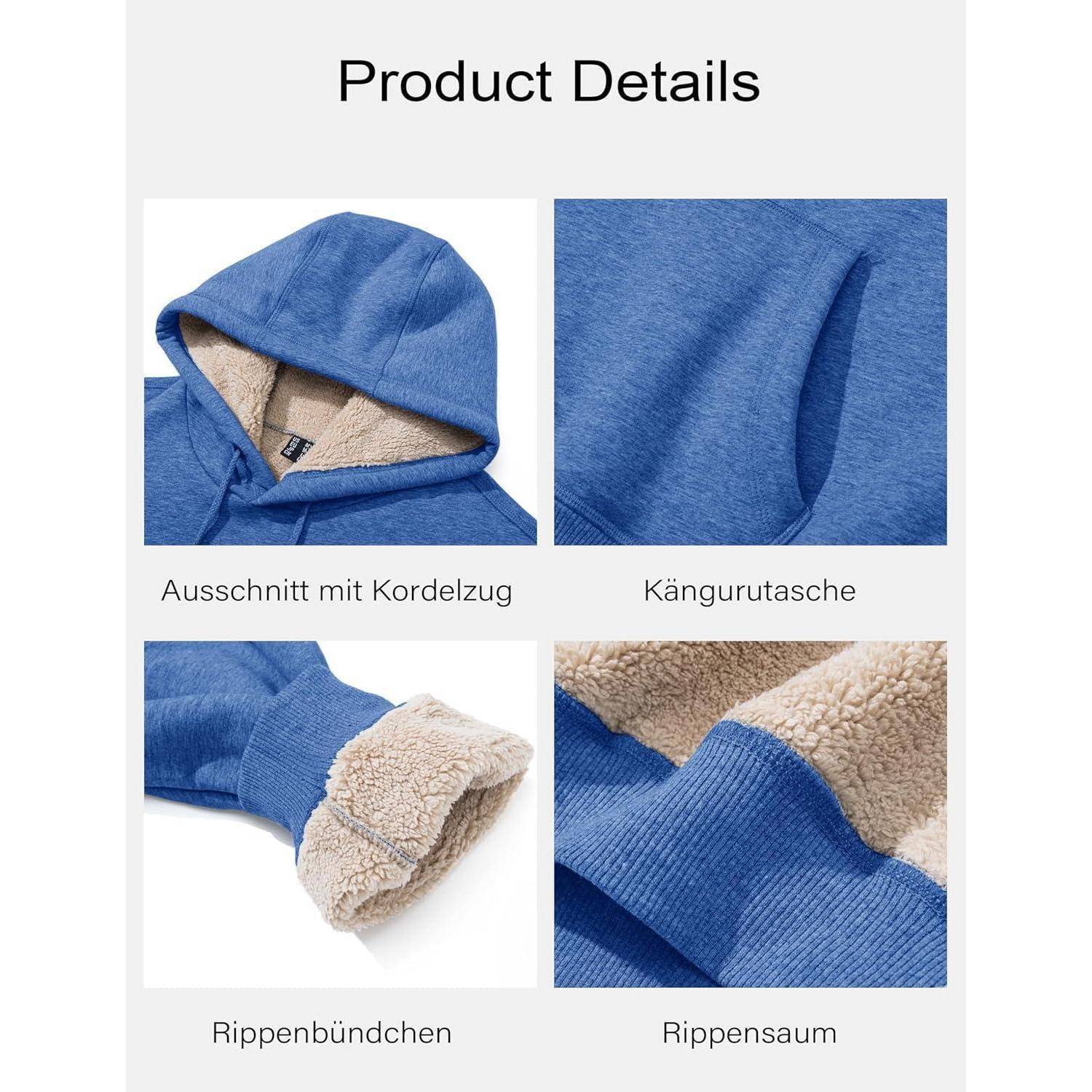 Eine Collage eines blauen Hoodies, die die Kapuze mit Kordelzug, die Känguru-Tasche, die gerippten Bündchen mit Fleece-Futter und den gerippten Saum zeigt.