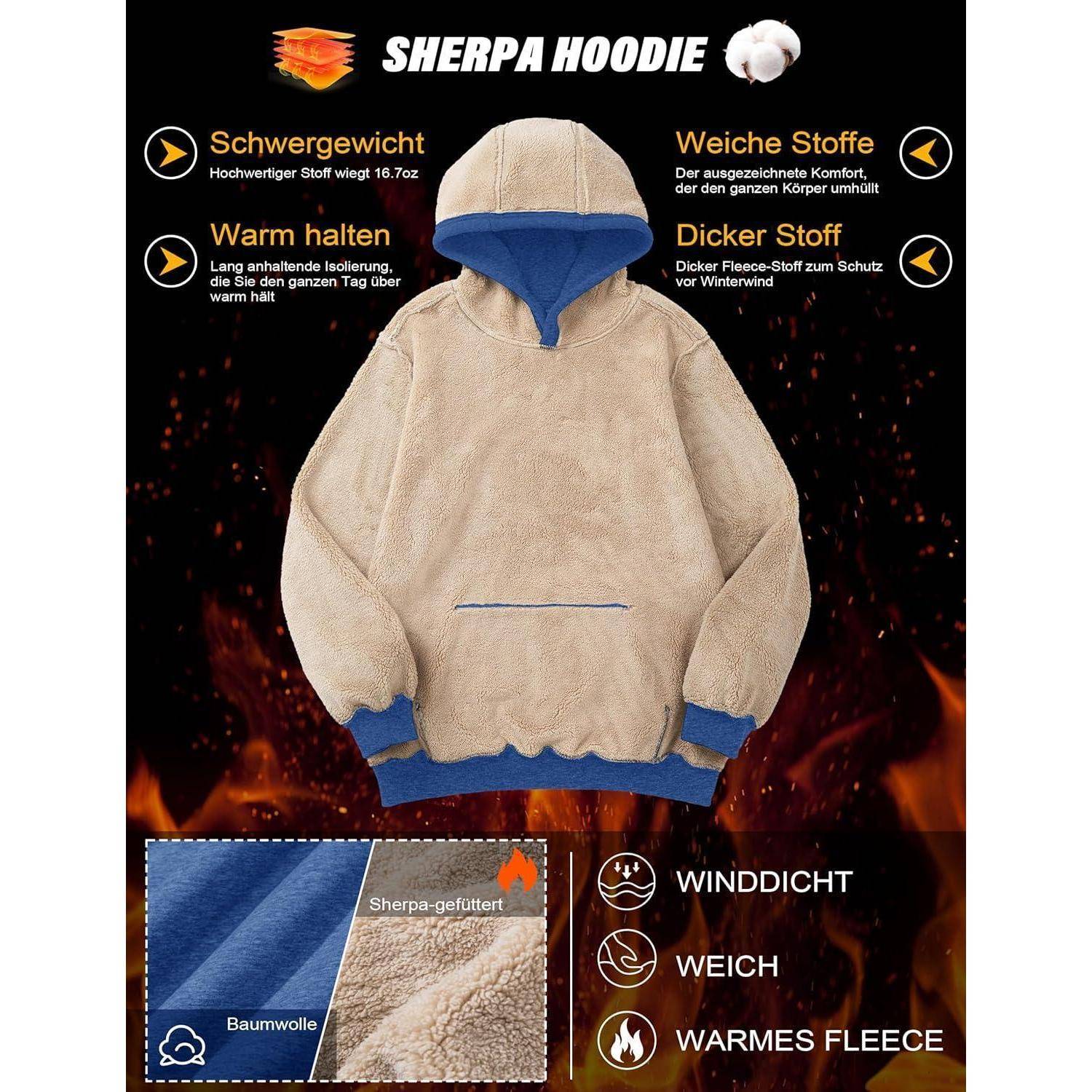Sherpa Hoodie' Bild zeigt einen beigen Hoodie mit blauen Akzenten, gekennzeichnete Merkmale umfassen schwere Wärme, weiche Materialien, Baumwolle, Fleece sowie Schutz gegen Wind und Kälte.