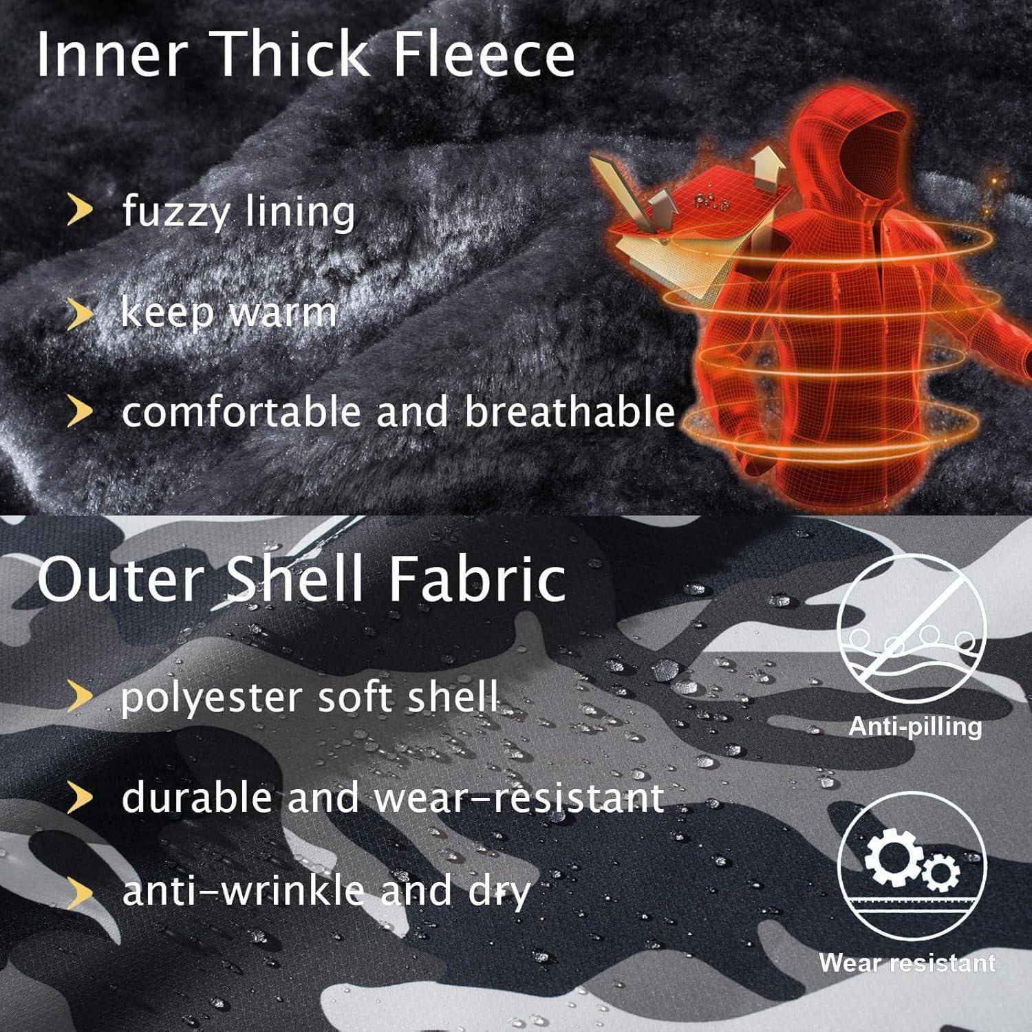 Inneres Fleece': flauschige Fütterung, wärmend, bequem und atmungsaktiv. 'Äußeres Schalenfabrikat': Polyester-Softshell, strapazierfähig, abriebfest, knitterresistent, trocken. Hintergrund: Gewebetexturen, Wassertropfen.