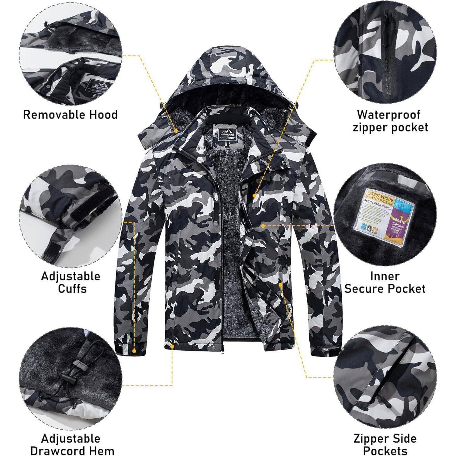 Camouflage-Jacke mit abnehmbarer Kapuze, wasserdichter Reißverschlusstasche, verstellbaren Ärmelbündchen und Kordelzug am Saum, innerer Sicherheitstasche, seitlichen Reißverschlusstaschen.