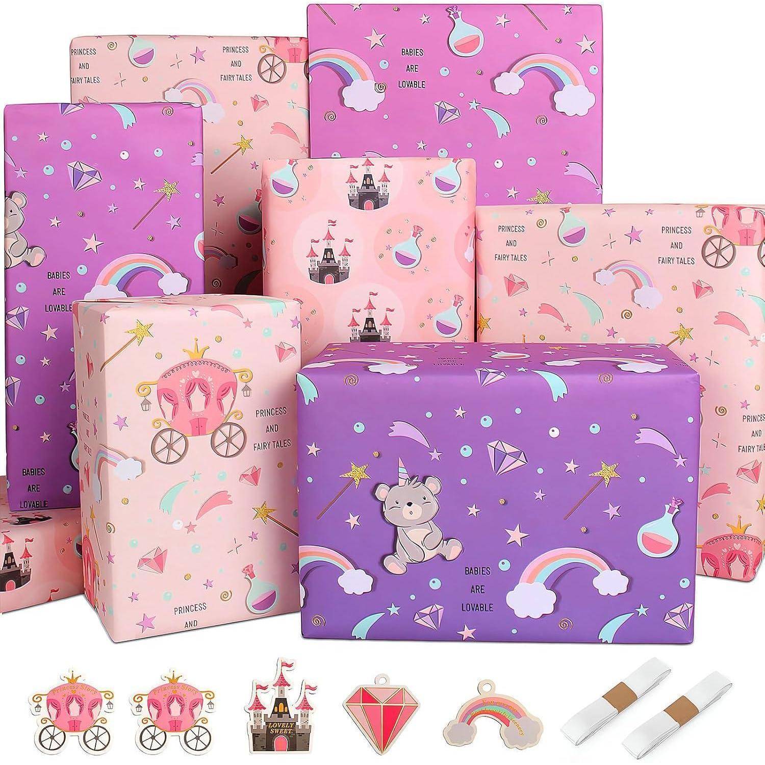 Geschenkpapier Kinder Geburtstag Schloss Regenbogen Pink Multi Rosa