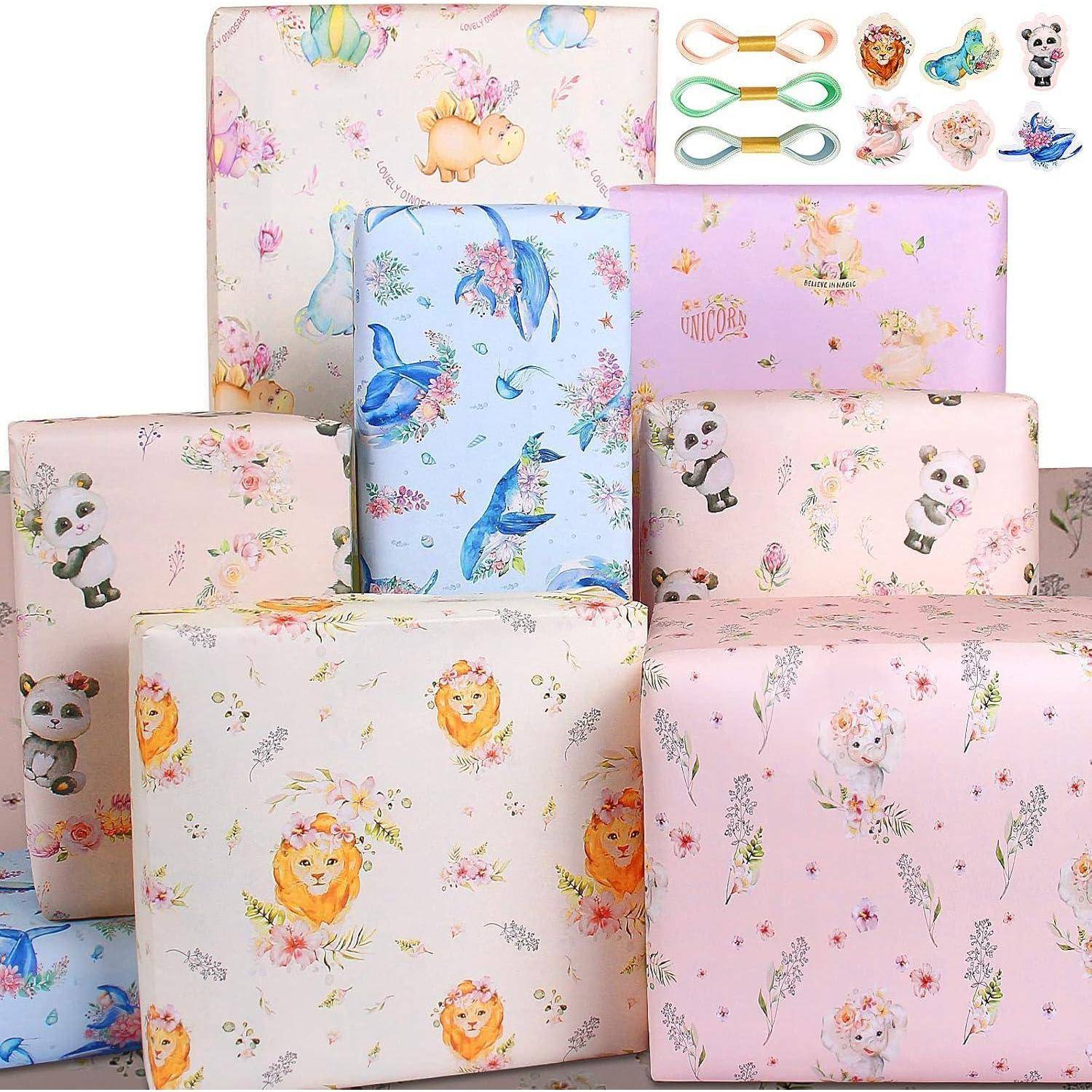 Geschenkpapier Baby Geburtstag Packpapier Einhorn Dino Tiere Multi