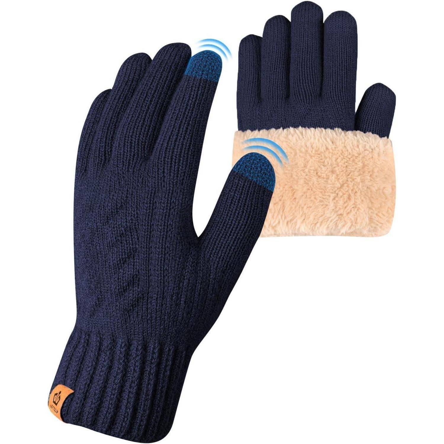 Marineblaue Winterhandschuhe mit touchscreen-kompatiblen Fingerspitzen und Fleece-Futter.