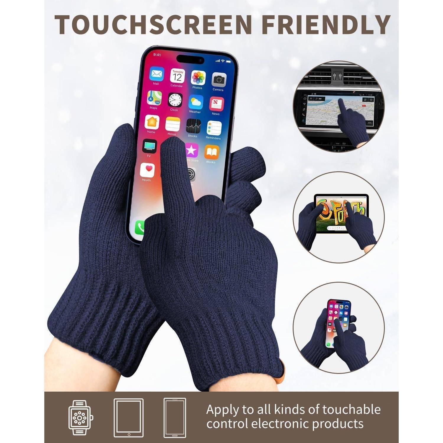 Marine-Handschuhe, die für die Bedienung von Touchscreens entwickelt wurden. Vorgeführt mit Fingern, die mühelos ein Smartphone, einen Geldautomaten und ein Tablet bedienen.