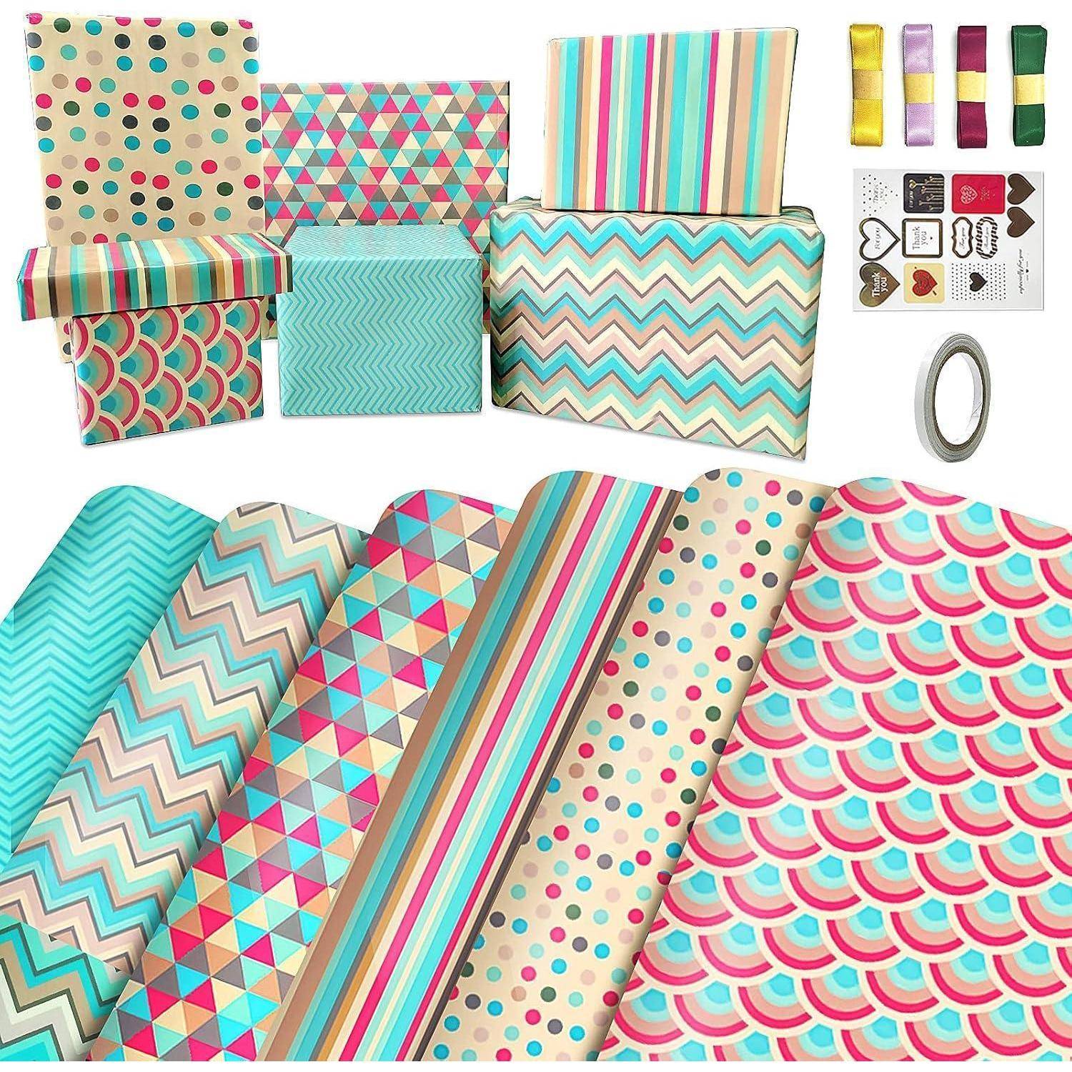 Geschenkpapier Rot Grün Set 6 Blatt Aufkleber Schleifenband Teal Set