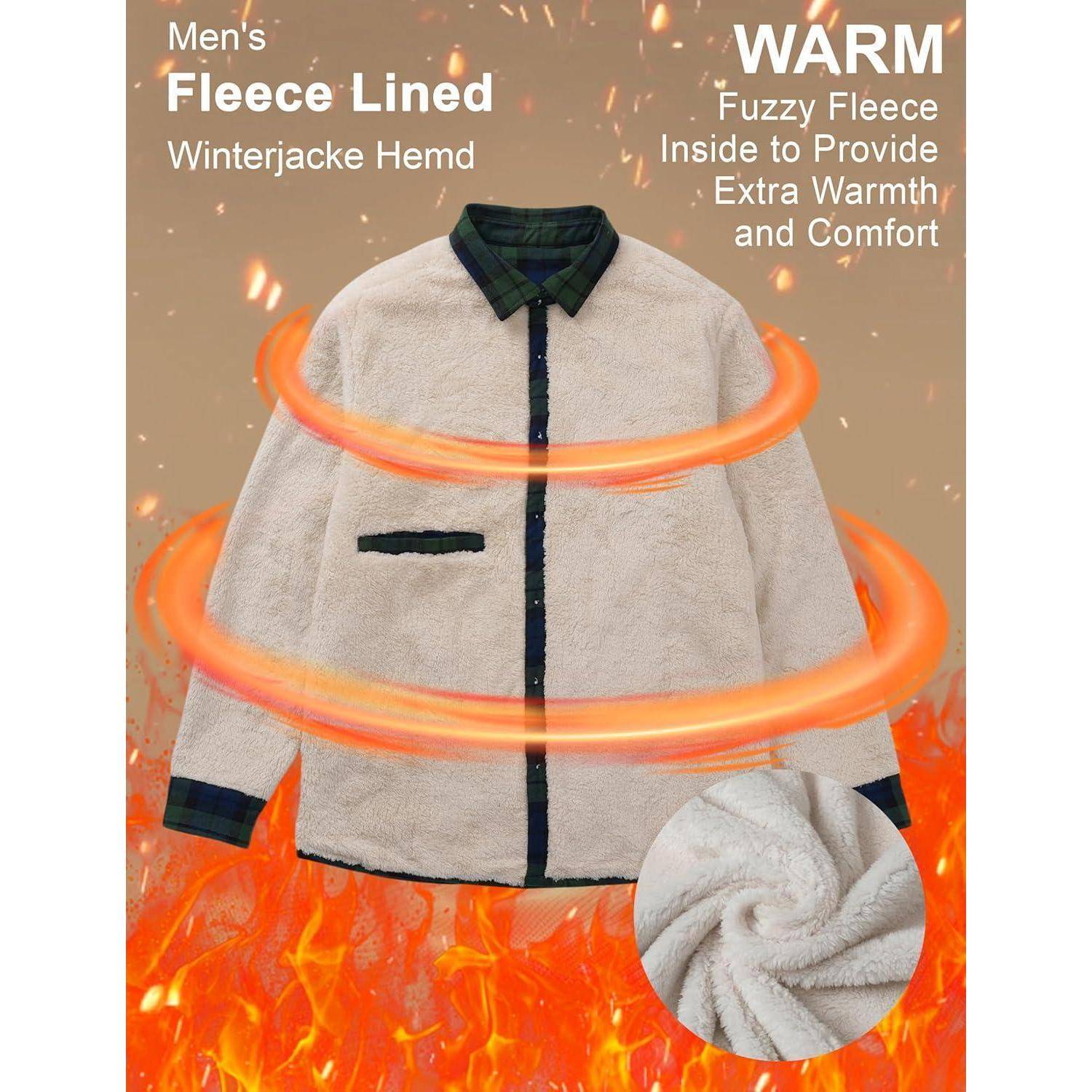 Eine mit Fleece gefütterte Herrenwinterjacke wird vor einem Flammen-Hintergrund präsentiert. Text: 
