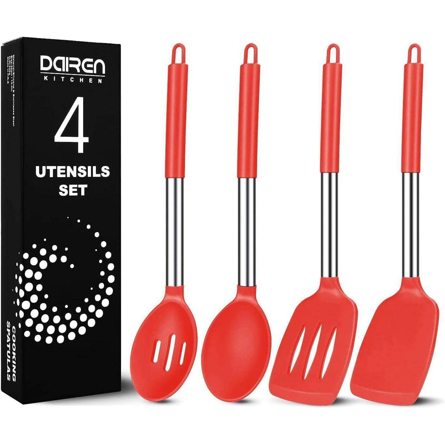 Kochbesteck Silikon Pfannenwender 4 Stück Edelstahlgriff Rot