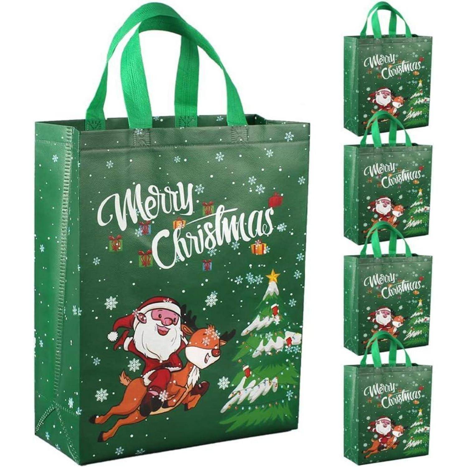 Weihnachtstragetaschen Geschenktüten Vliesstoff Griff 5er grün